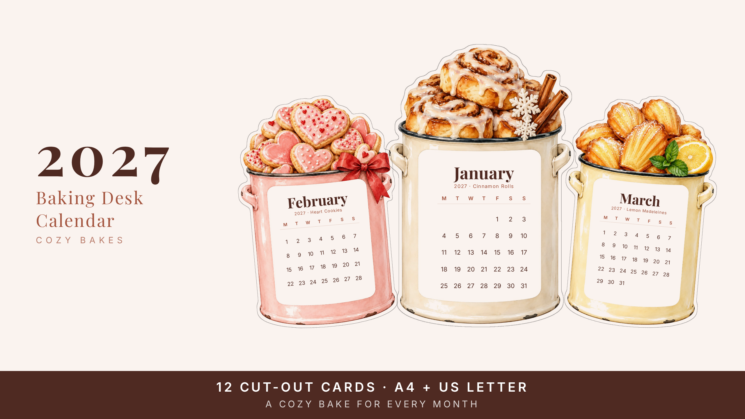 2027 Baking Desk Calendar — Cozy Watercolor Bakes | Printable Cut-Out Cards