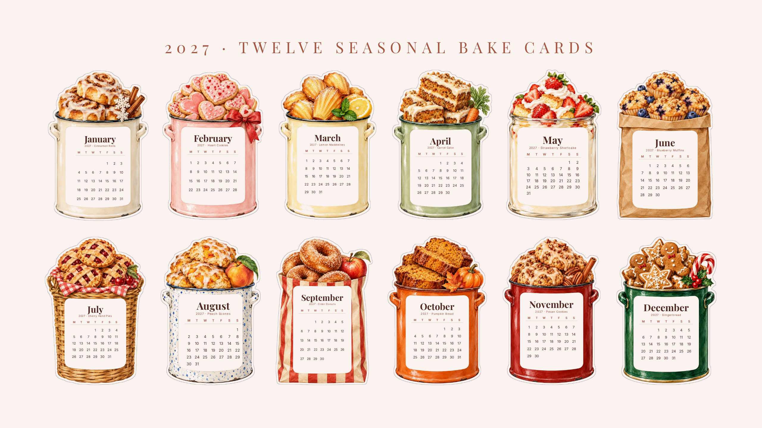 2027 Baking Desk Calendar — Cozy Watercolor Bakes | Printable Cut-Out Cards