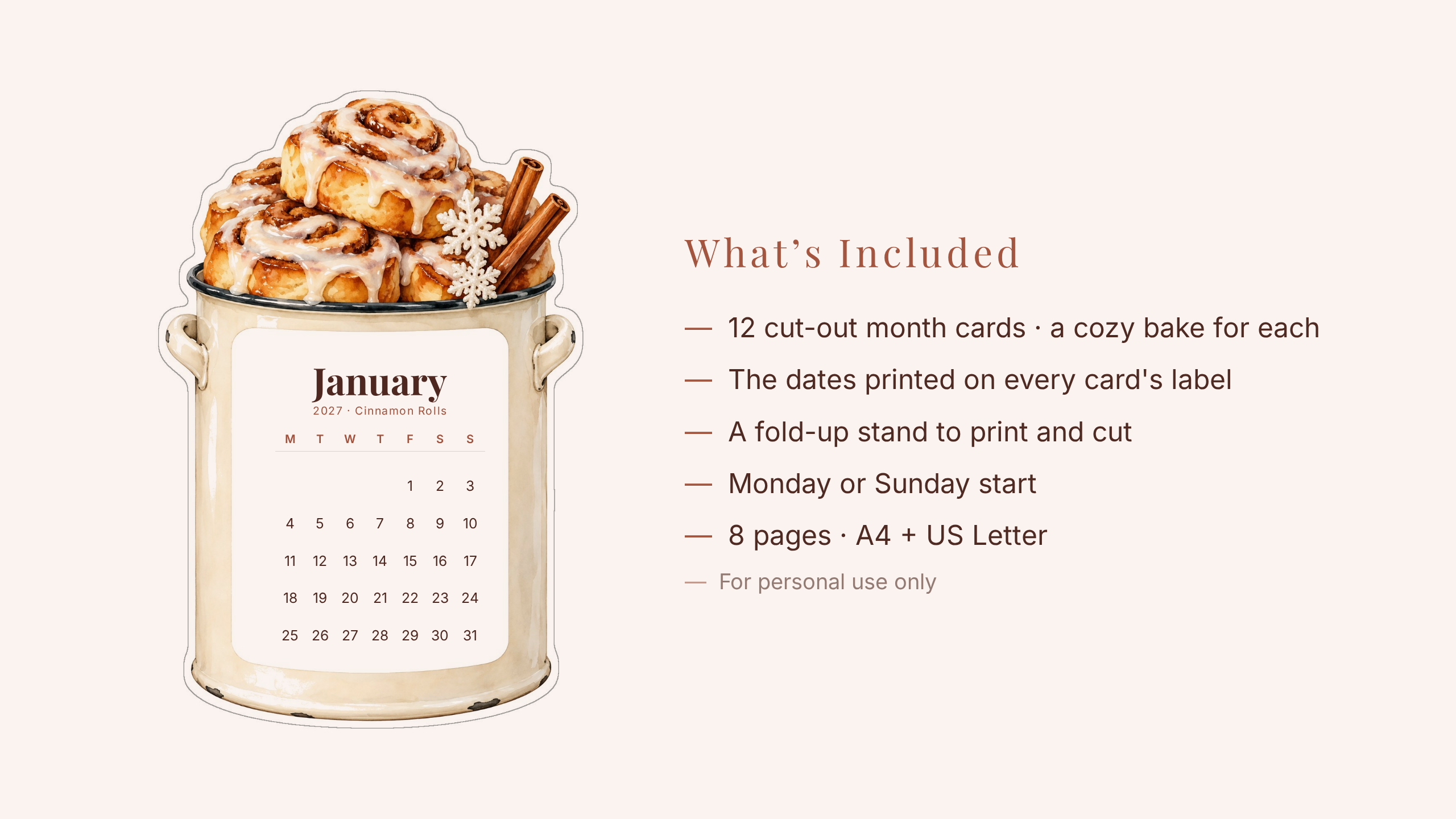 2027 Baking Desk Calendar — Cozy Watercolor Bakes | Printable Cut-Out Cards