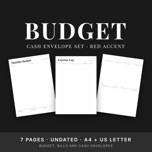 Printable Budget Set — Red Accent · Cash Envelope Inserts