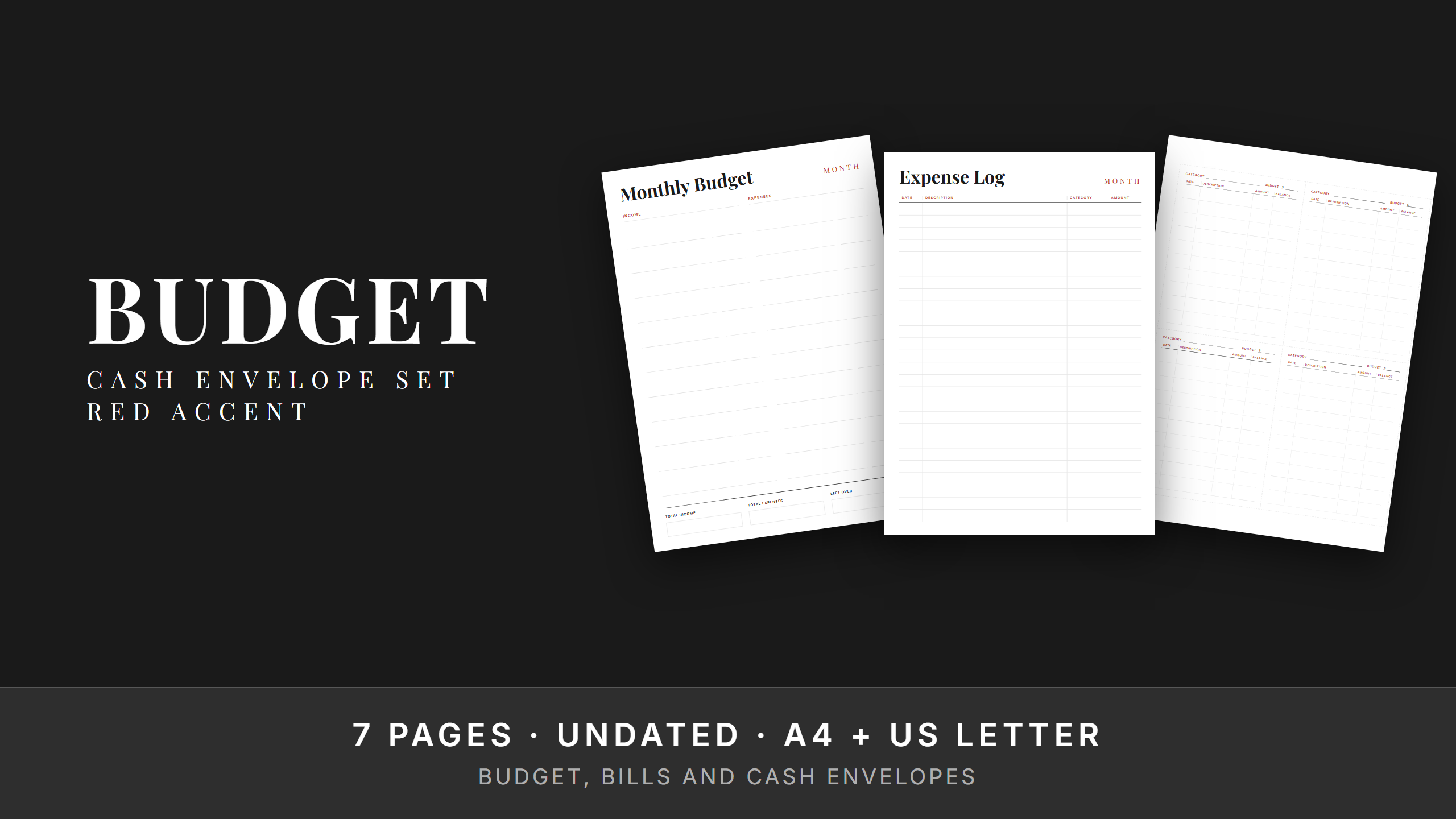 Printable Budget Set — Red Accent · Cash Envelope Inserts