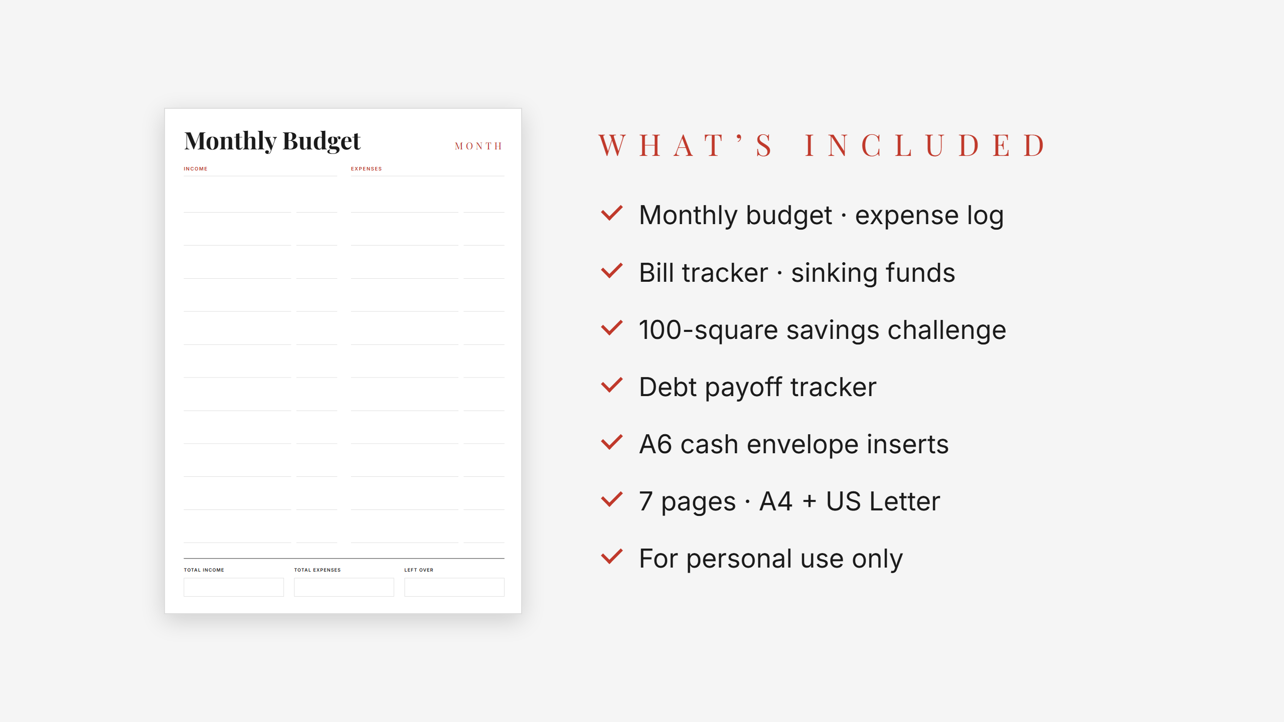 Printable Budget Set — Red Accent · Cash Envelope Inserts