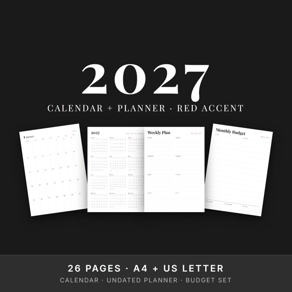 2027 Calendar + Undated Planner + Budget Bundle — Red Accent