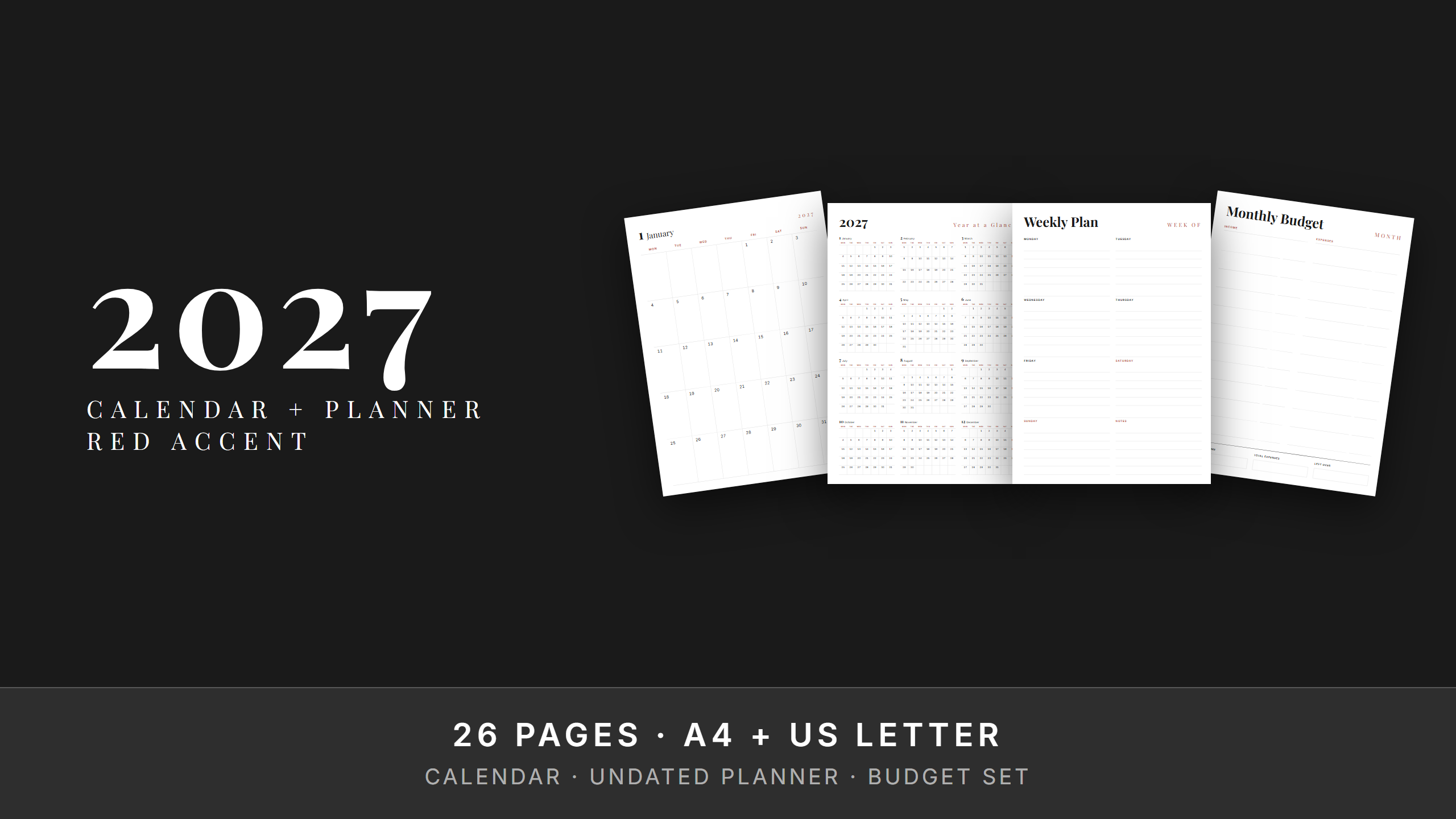 2027 Calendar + Undated Planner + Budget Bundle — Red Accent