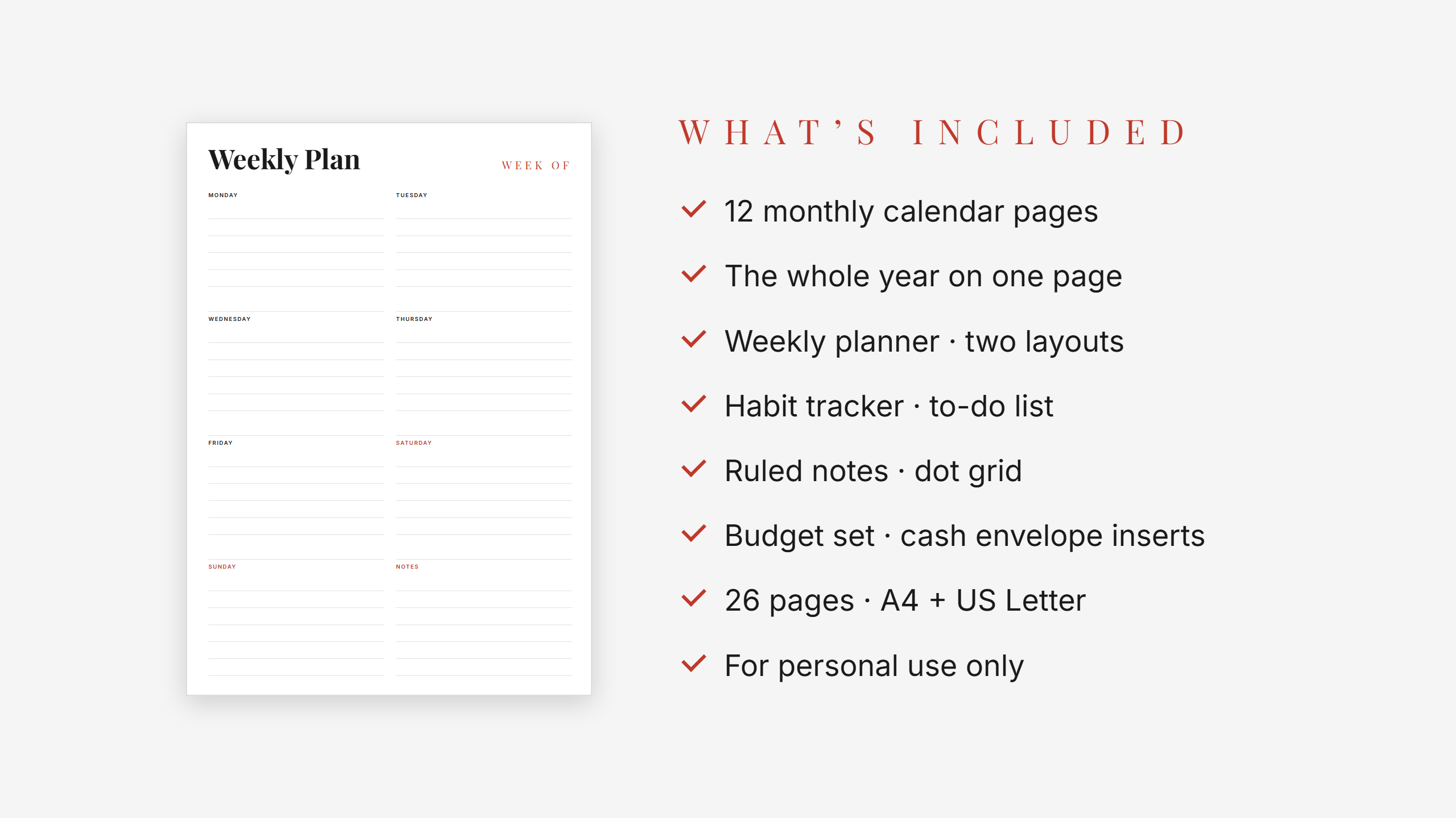 2027 Calendar + Undated Planner + Budget Bundle — Red Accent