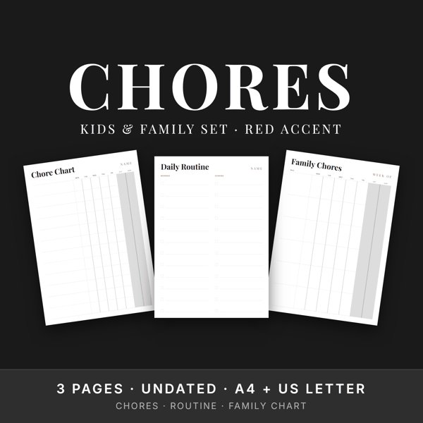 Kids Chore Chart Set — Red Accent · Routine + Family Chart