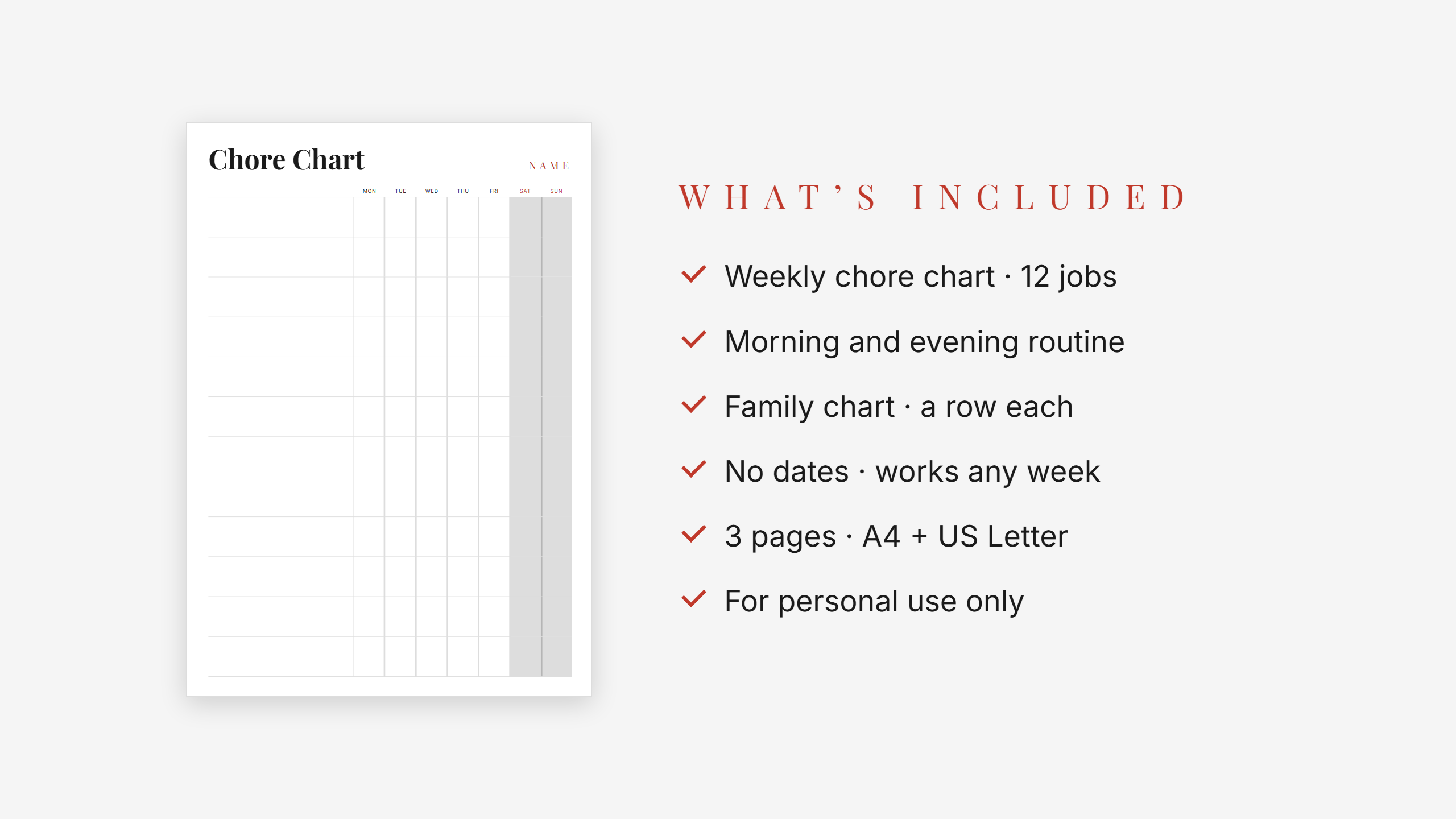 Kids Chore Chart Set — Red Accent · Routine + Family Chart