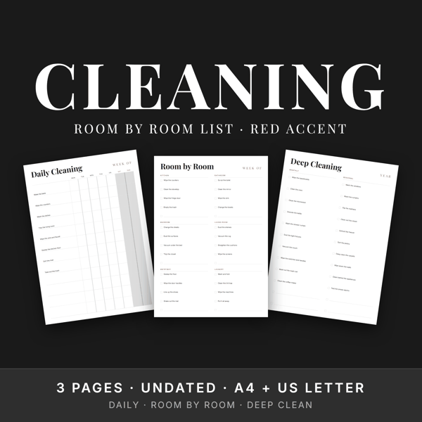 Cleaning Checklist Set — Red Accent · Room by Room + Deep Clean