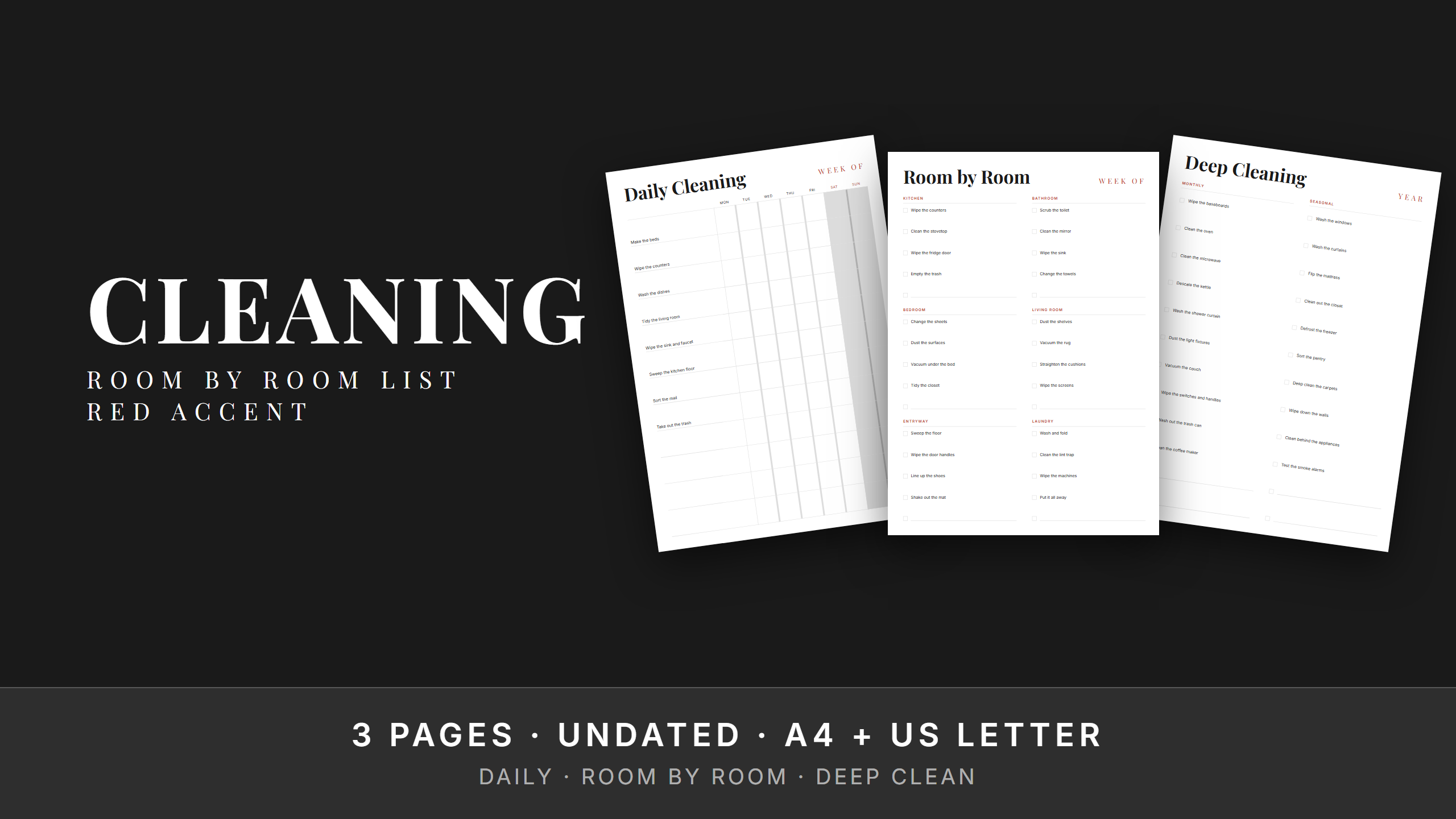 Cleaning Checklist Set — Red Accent · Room by Room + Deep Clean