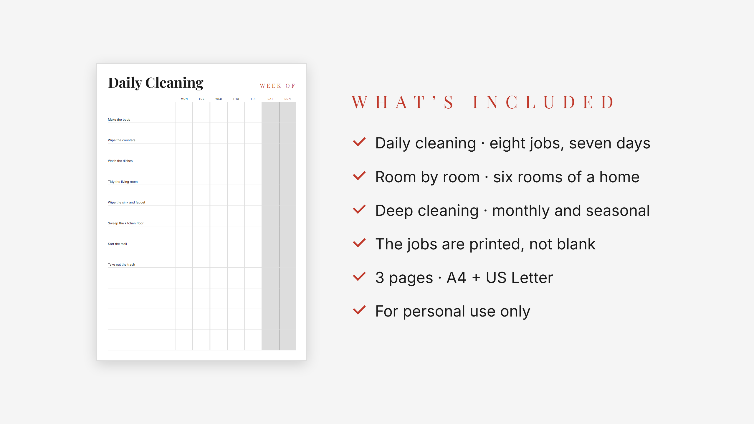 Cleaning Checklist Set — Red Accent · Room by Room + Deep Clean