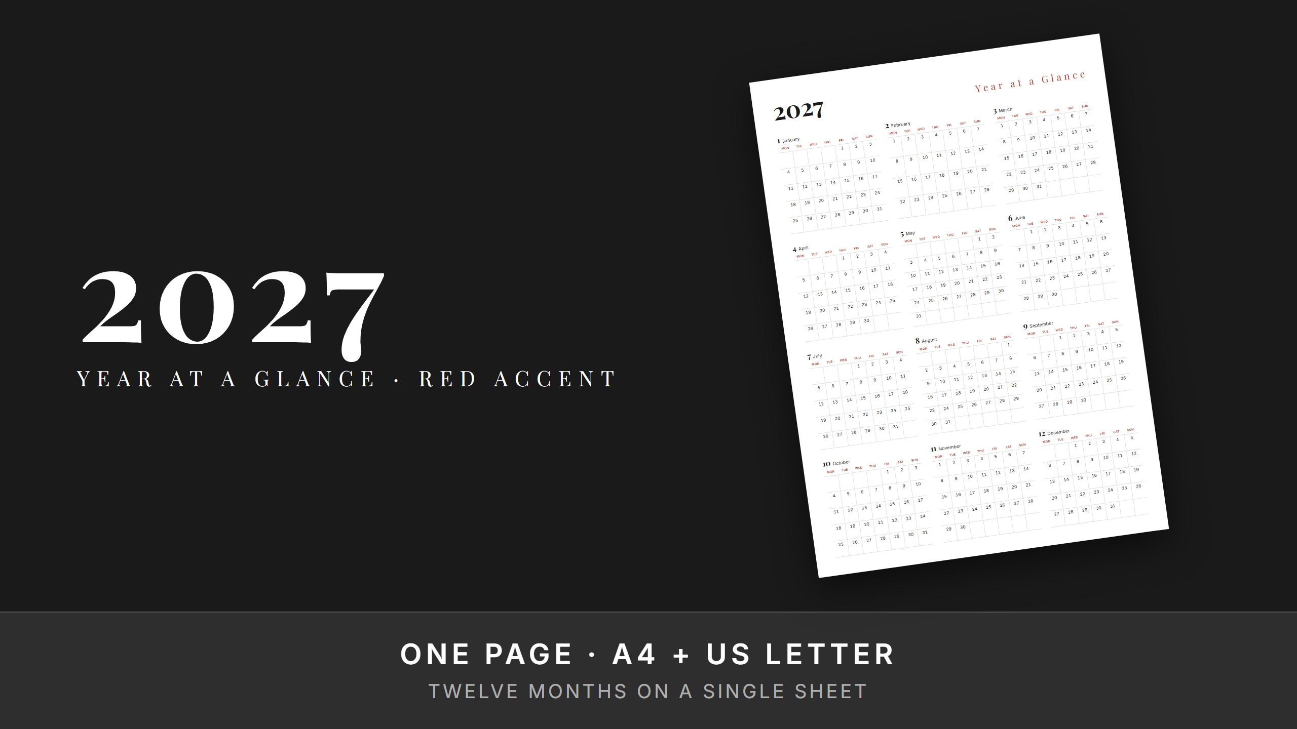 2027 Year at a Glance — Free Printable Calendar, Red Accent