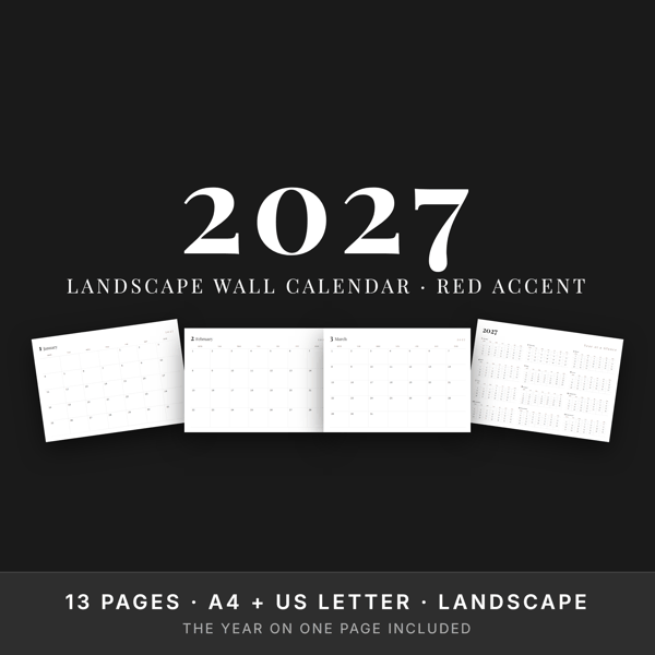2027 Landscape Wall Calendar — Red Accent | Printable | A4 & US Letter Landscape
