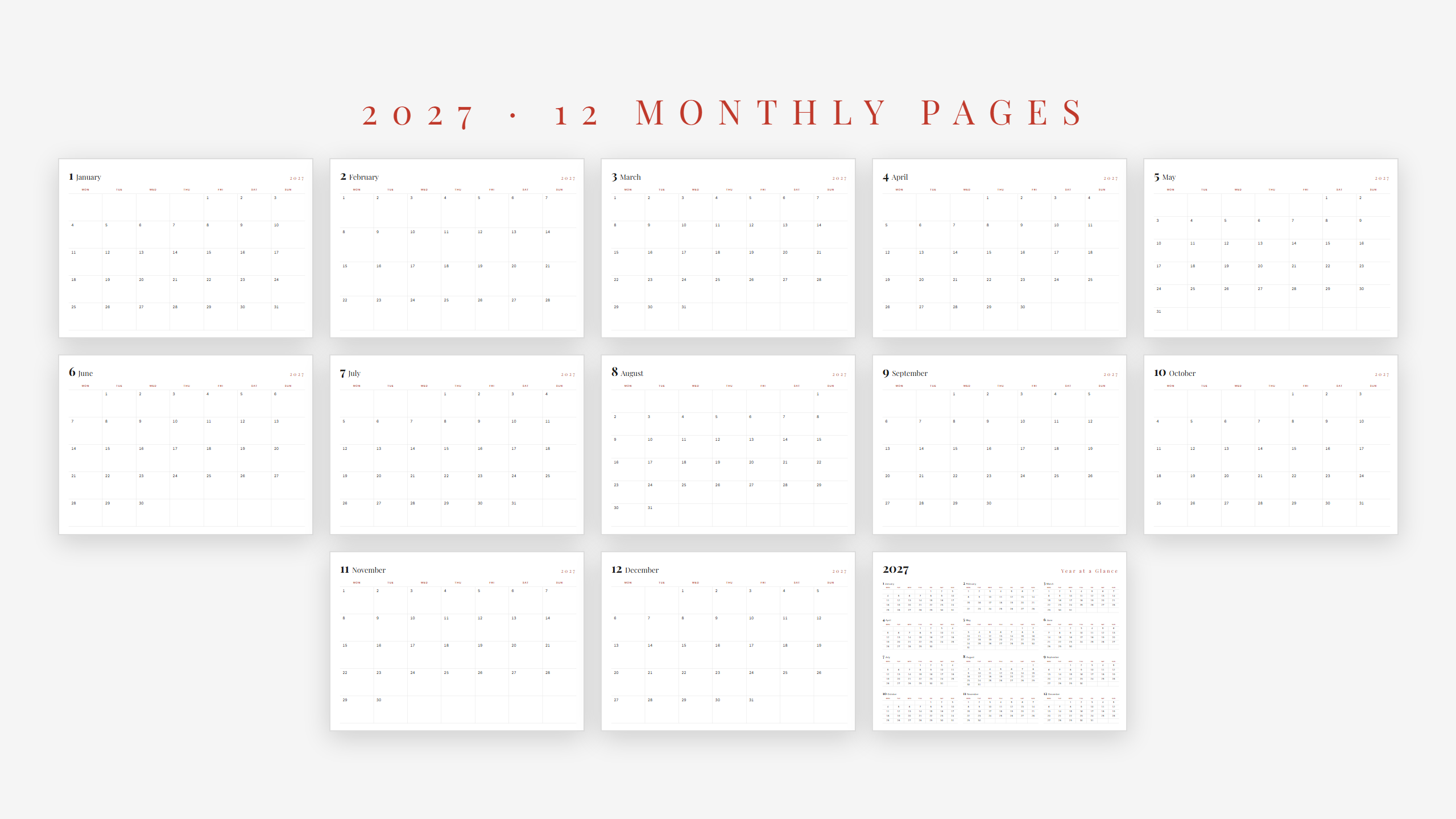 2027 Landscape Wall Calendar — Red Accent | Printable | A4 & US Letter Landscape
