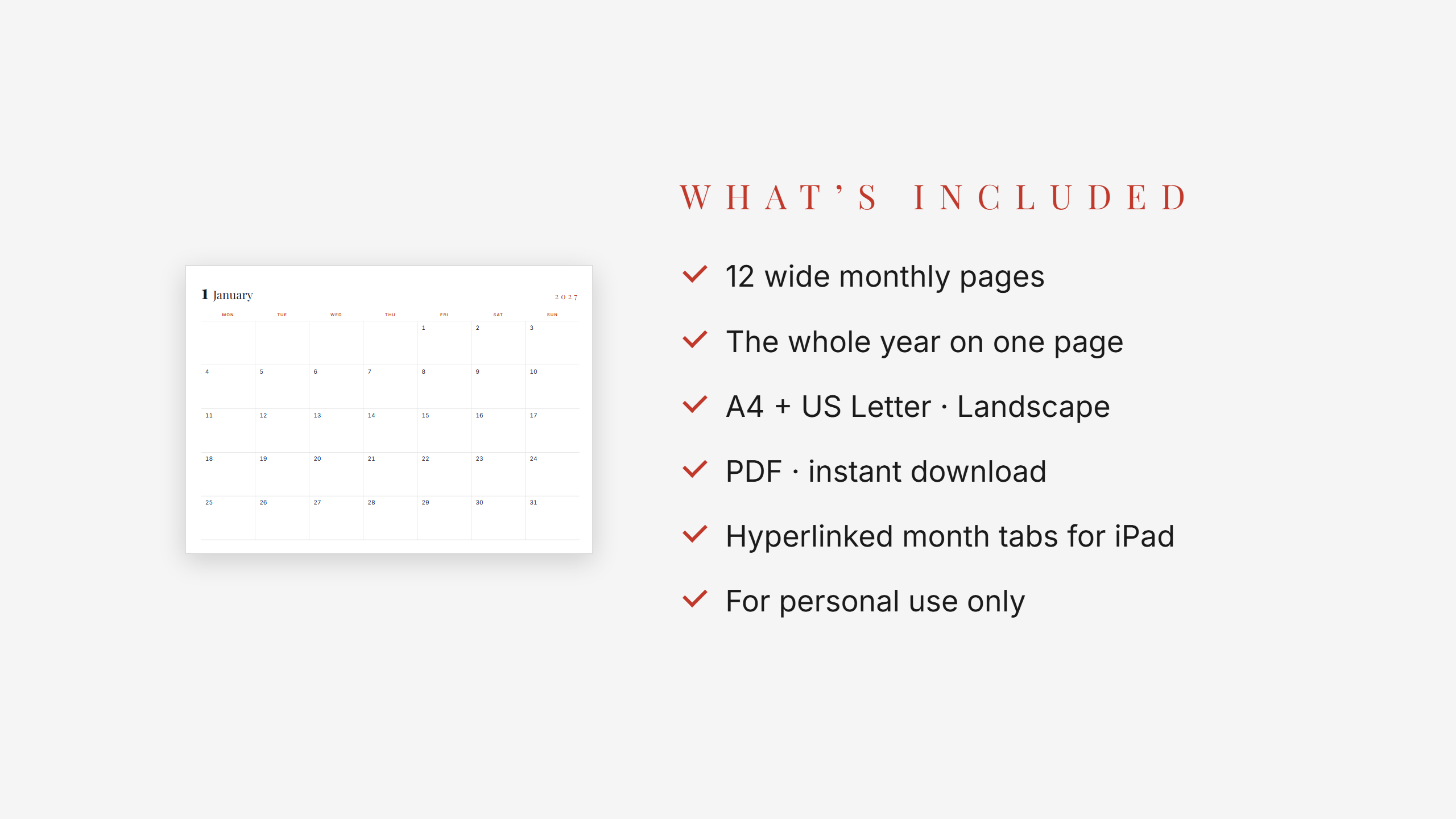 2027 Landscape Wall Calendar — Red Accent | Printable | A4 & US Letter Landscape