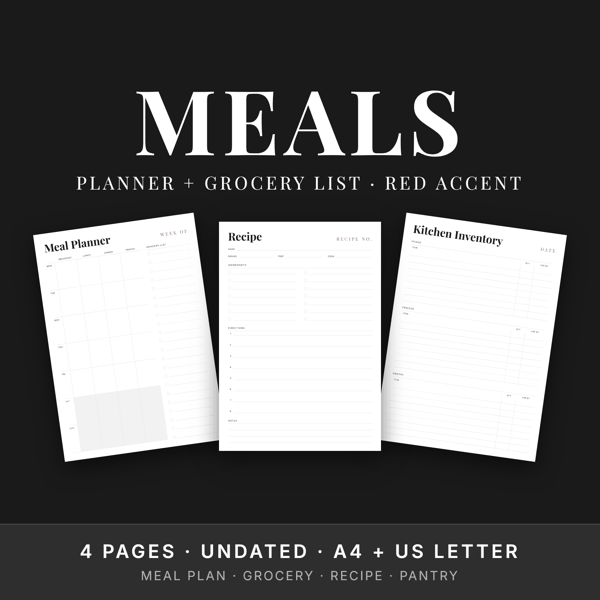 Meal Planner Set — Red Accent · Weekly Menu + Grocery List