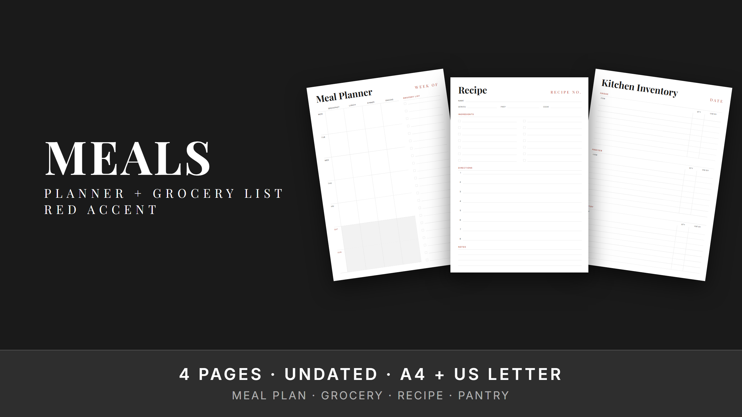 Meal Planner Set — Red Accent · Weekly Menu + Grocery List