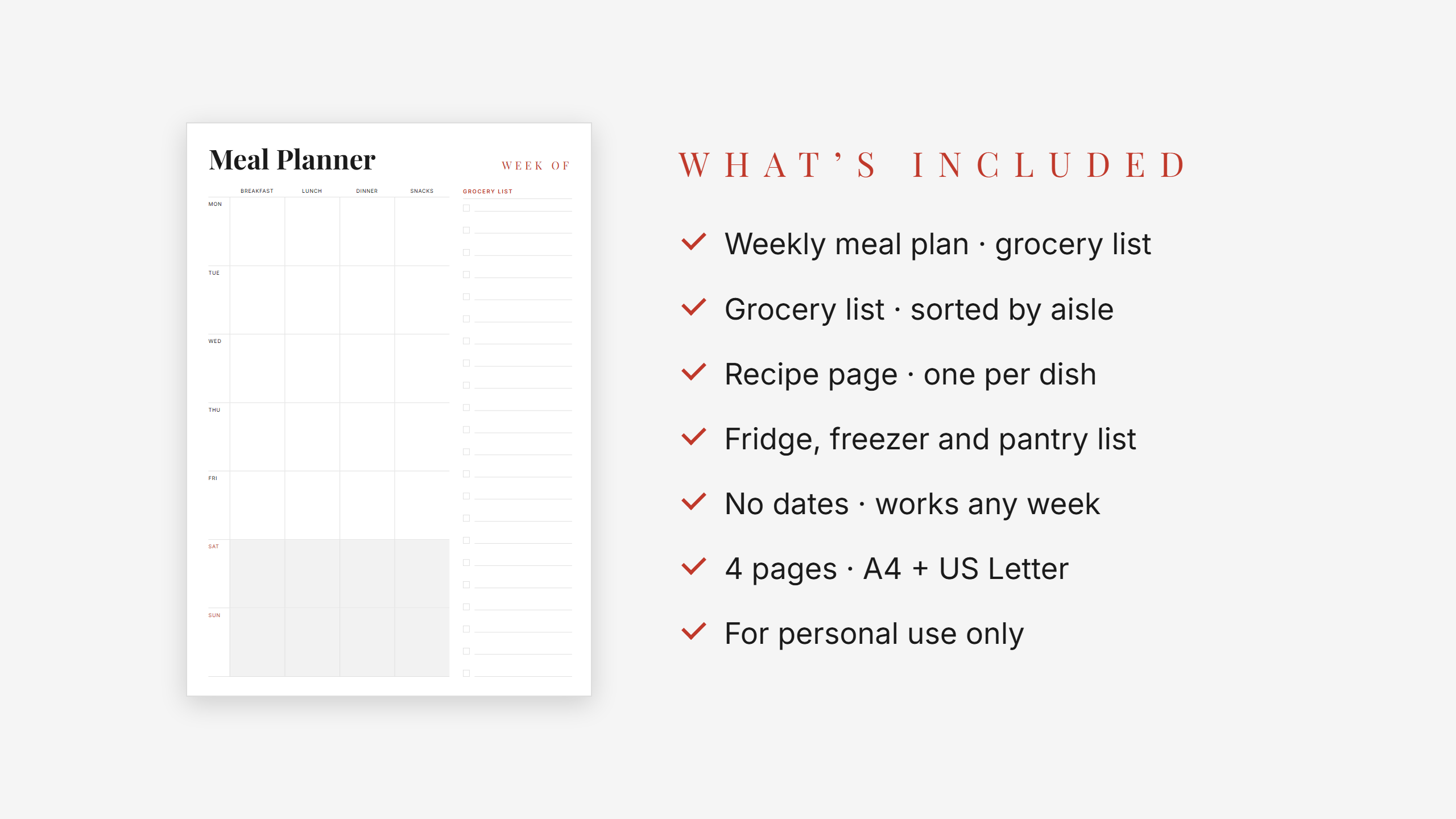Meal Planner Set — Red Accent · Weekly Menu + Grocery List