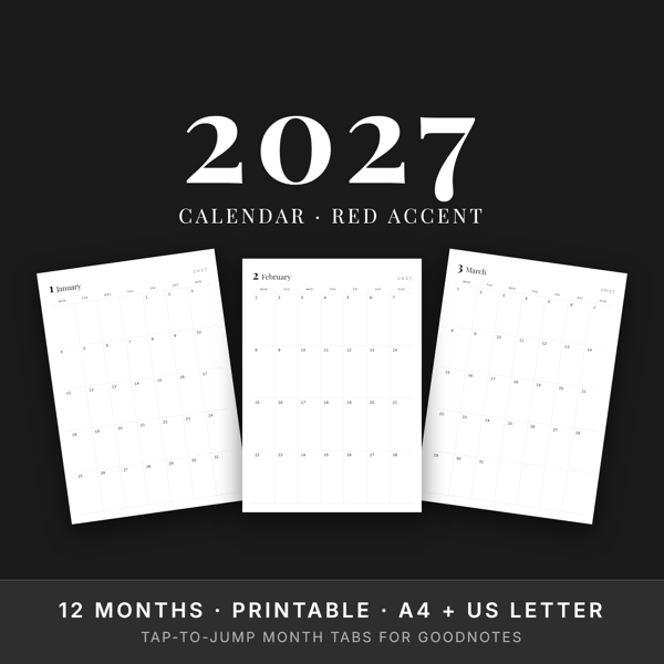 2027 Monthly Calendar — Red Accent | Printable + GoodNotes | A4 & US Letter