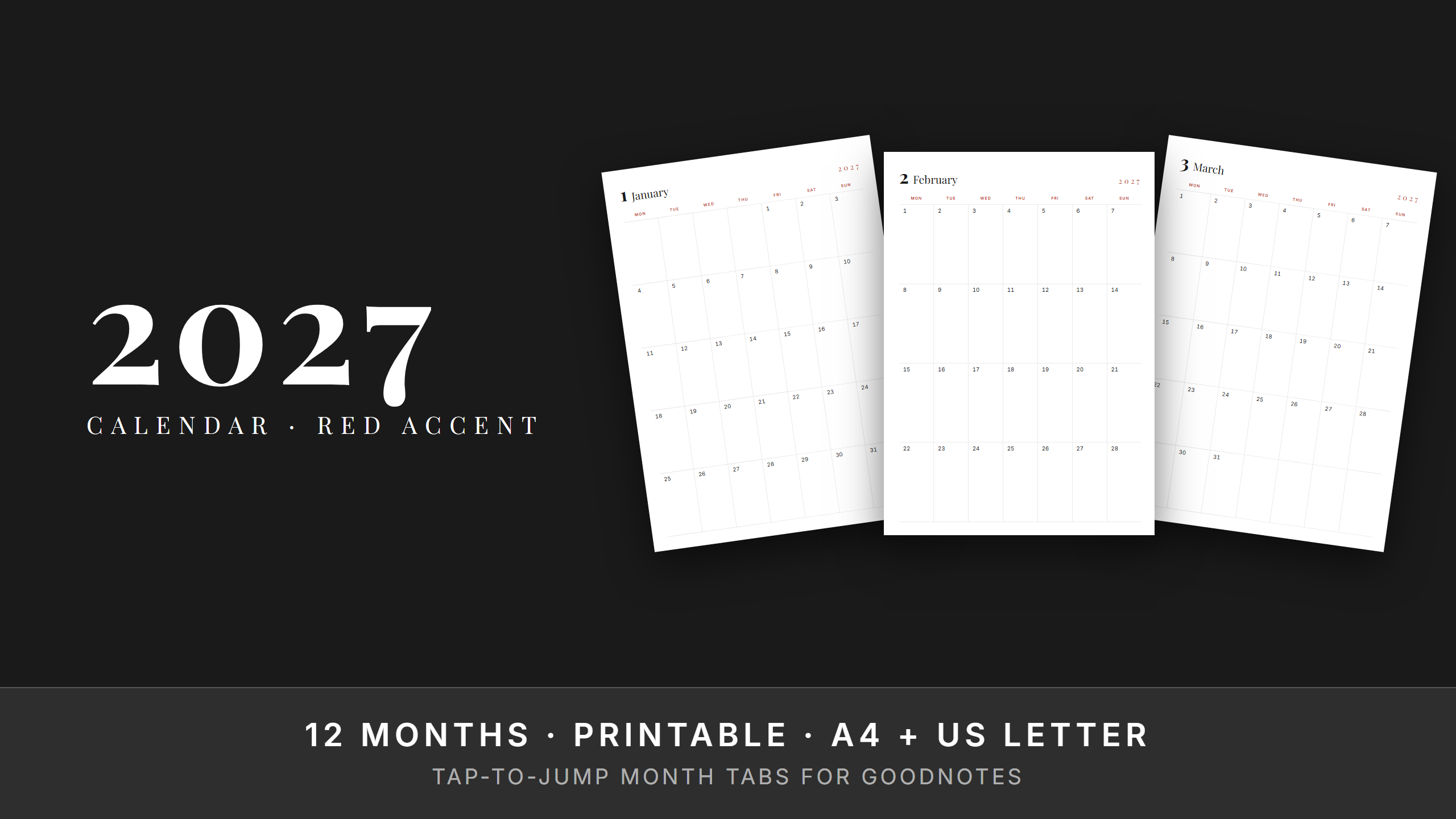 2027 Monthly Calendar — Red Accent | Printable + GoodNotes | A4 & US Letter
