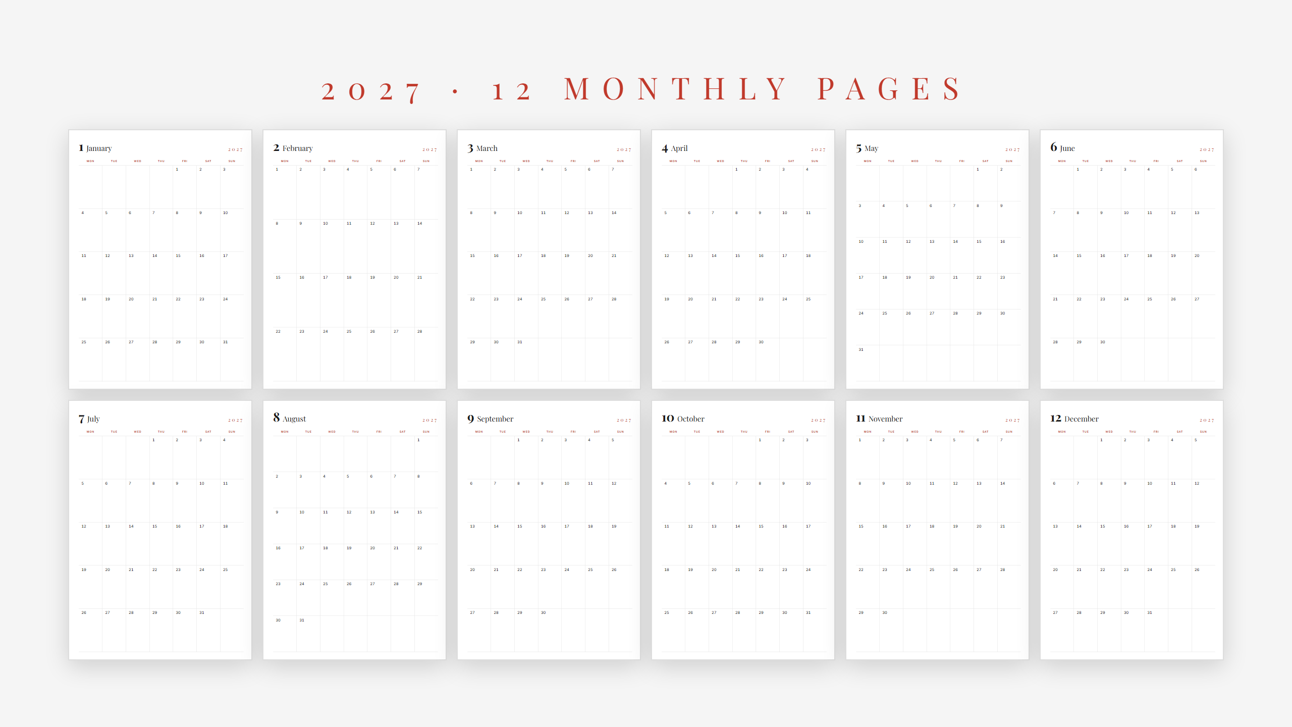 2027 Monthly Calendar — Red Accent | Printable + GoodNotes | A4 & US Letter