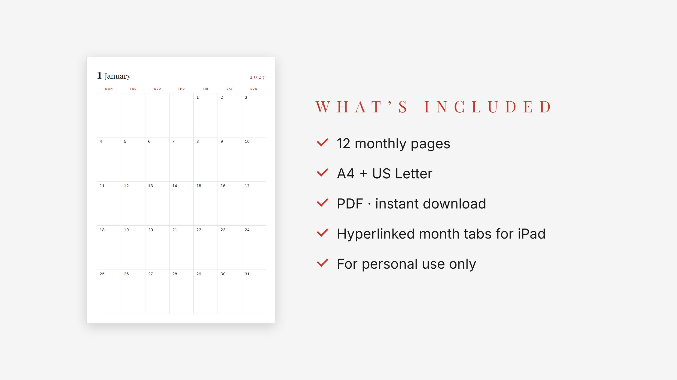 2027 Monthly Calendar — Red Accent | Printable + GoodNotes | A4 & US Letter