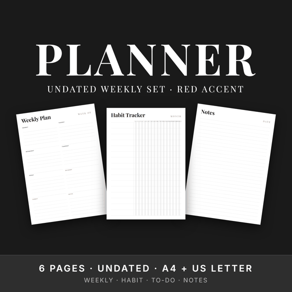Undated Weekly Planner Set — Red Accent · Habit Tracker, To-Do, Notes