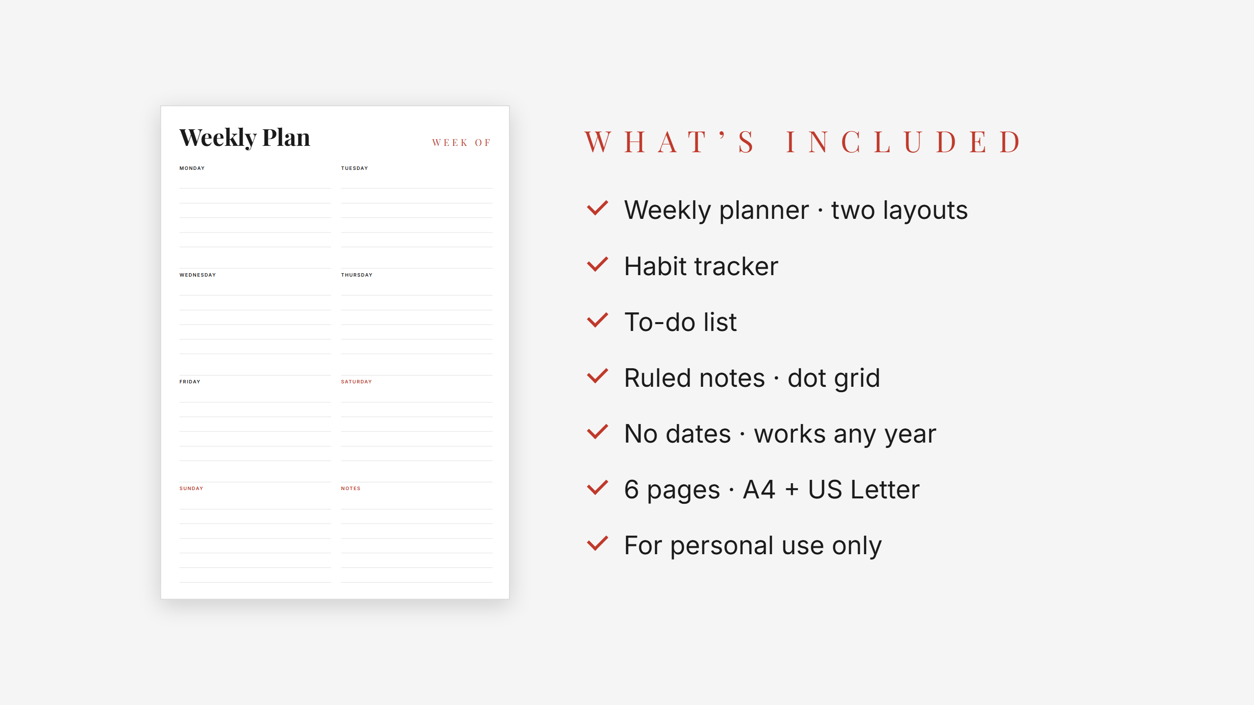 Undated Weekly Planner Set — Red Accent · Habit Tracker, To-Do, Notes