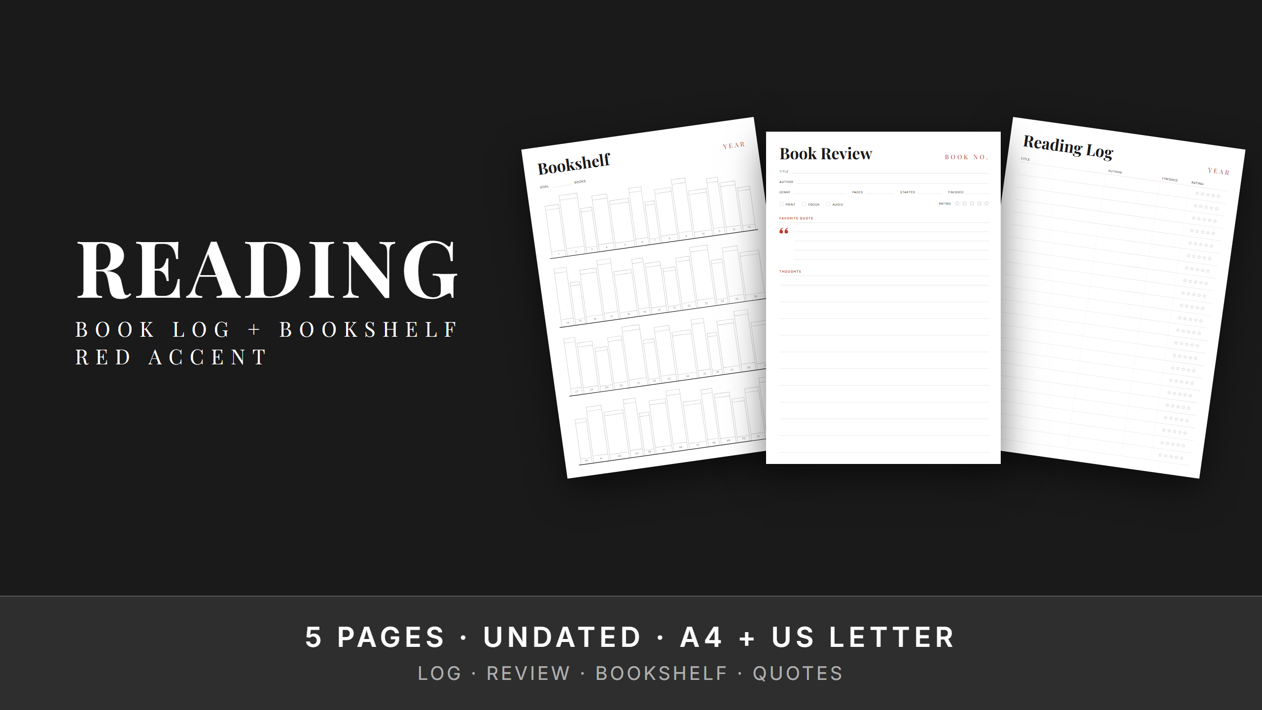 Reading Journal Set — Red Accent · Book Log + Bookshelf Tracker