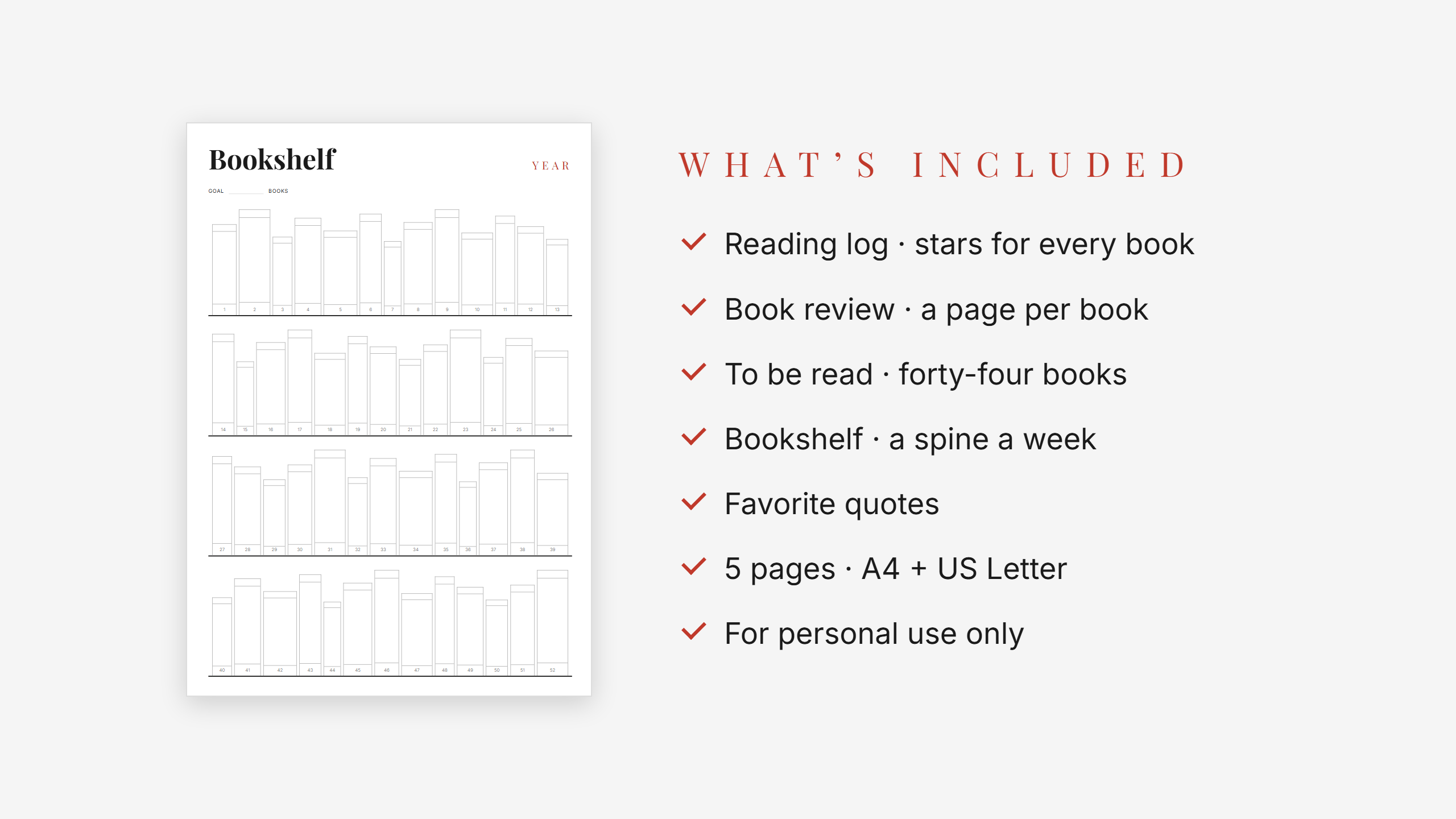 Reading Journal Set — Red Accent · Book Log + Bookshelf Tracker