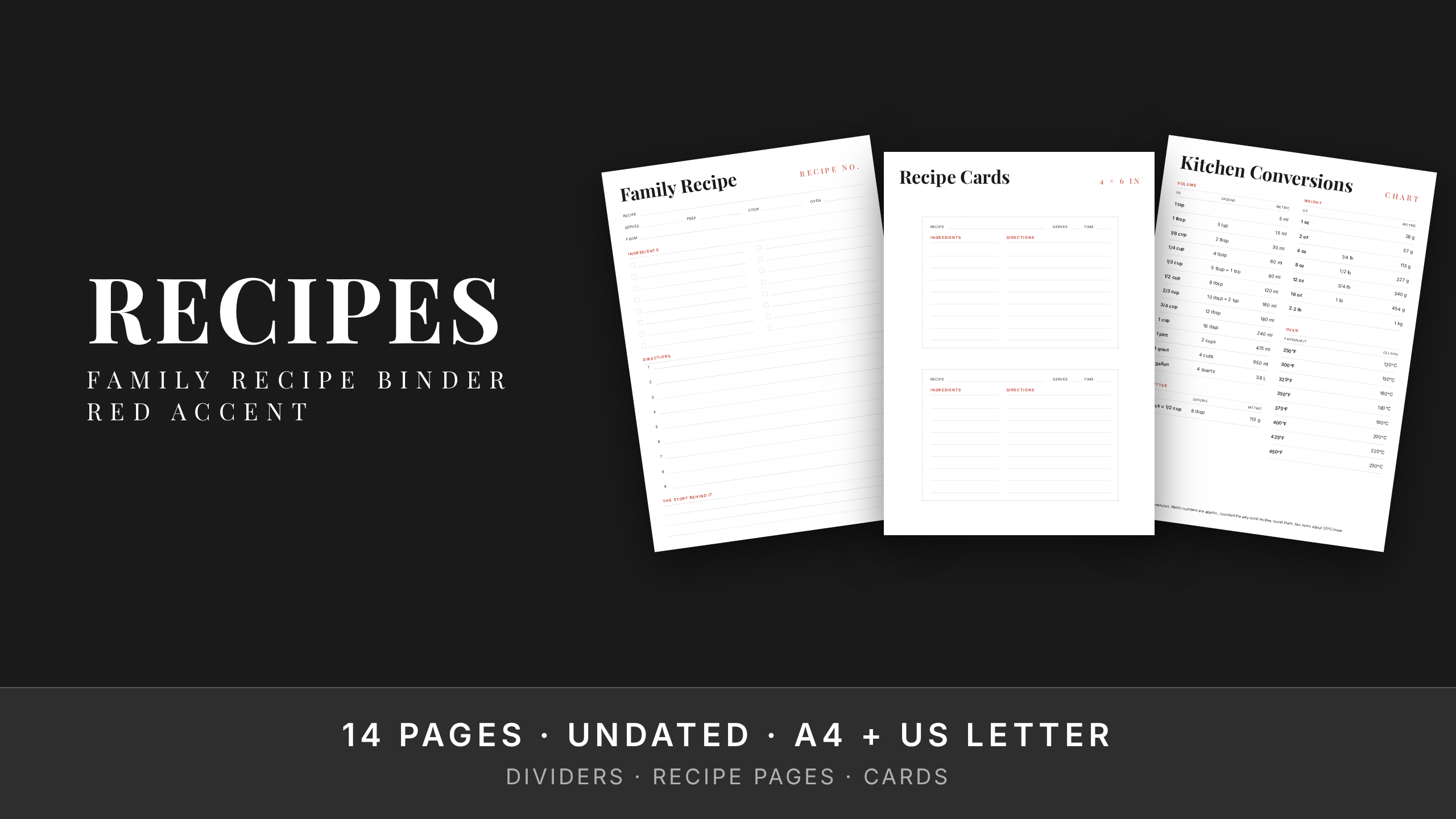 Family Recipe Binder — Red Accent · Printable Recipe Pages + 4x6 Cards