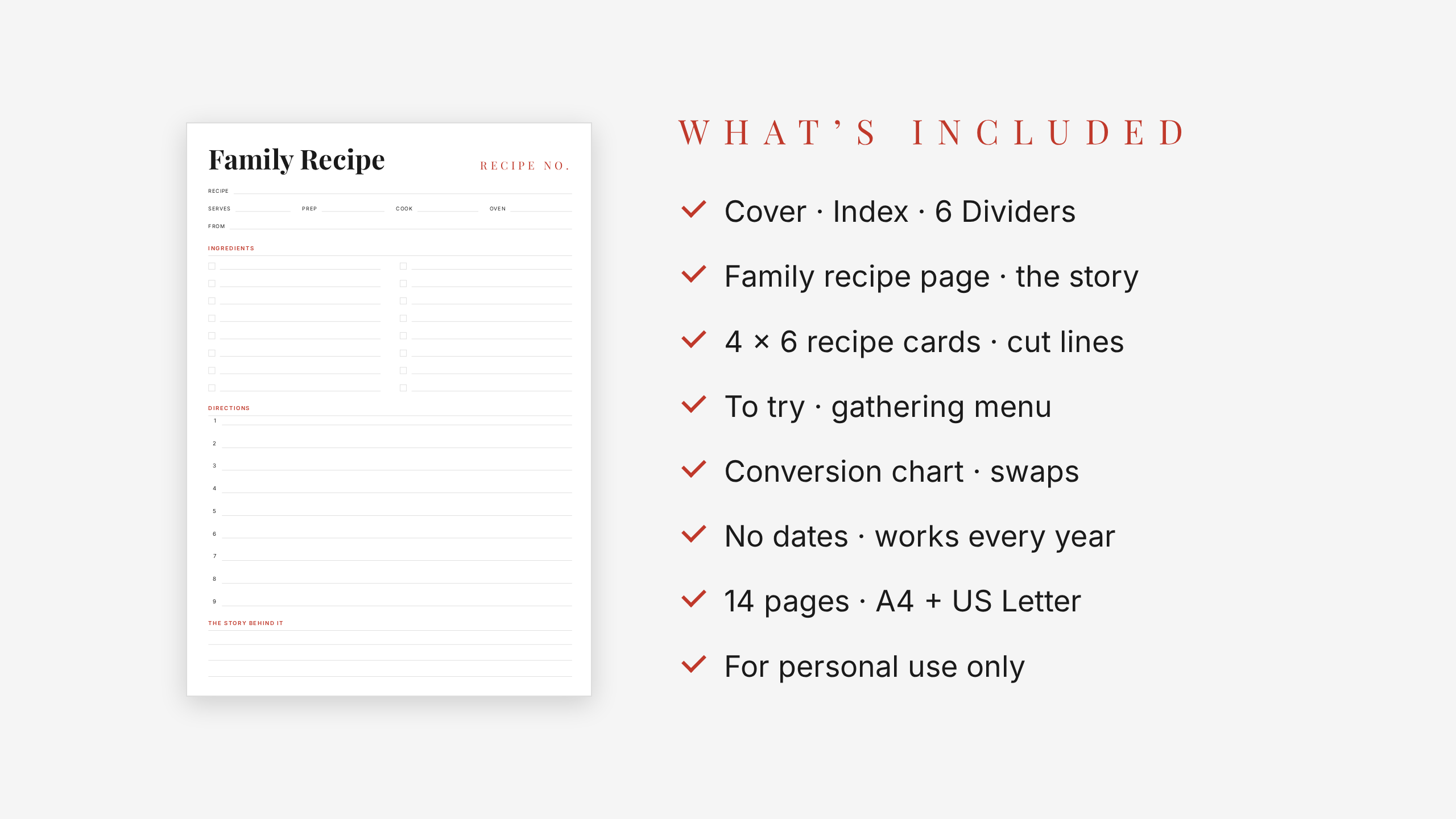 Family Recipe Binder — Red Accent · Printable Recipe Pages + 4x6 Cards