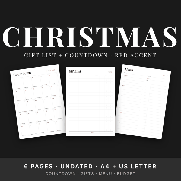 Christmas Planner Set — Red Accent · Gift List + Countdown