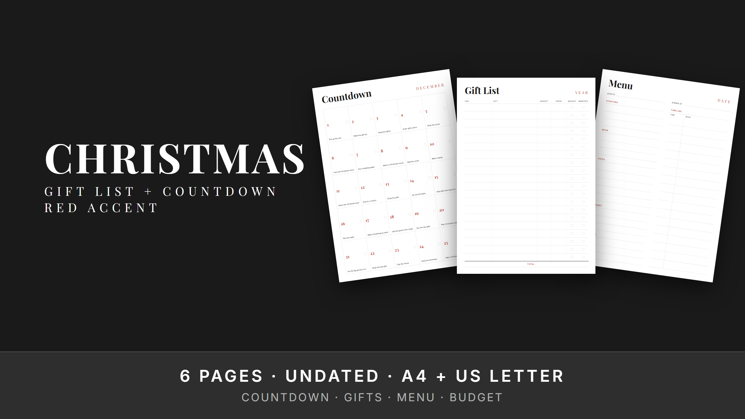 Christmas Planner Set — Red Accent · Gift List + Countdown