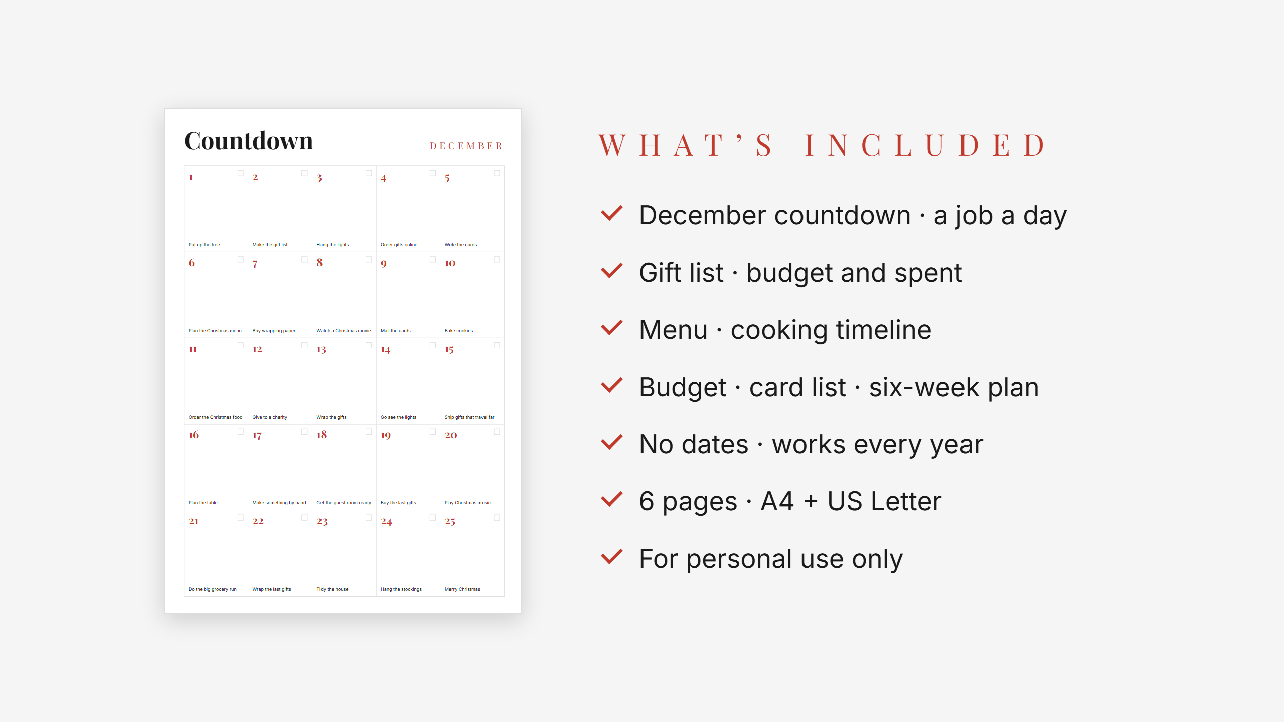 Christmas Planner Set — Red Accent · Gift List + Countdown