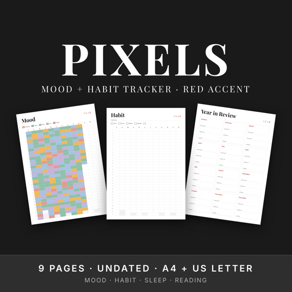 Year in Pixels Set — Red Accent · Yearly Mood + Habit Tracker