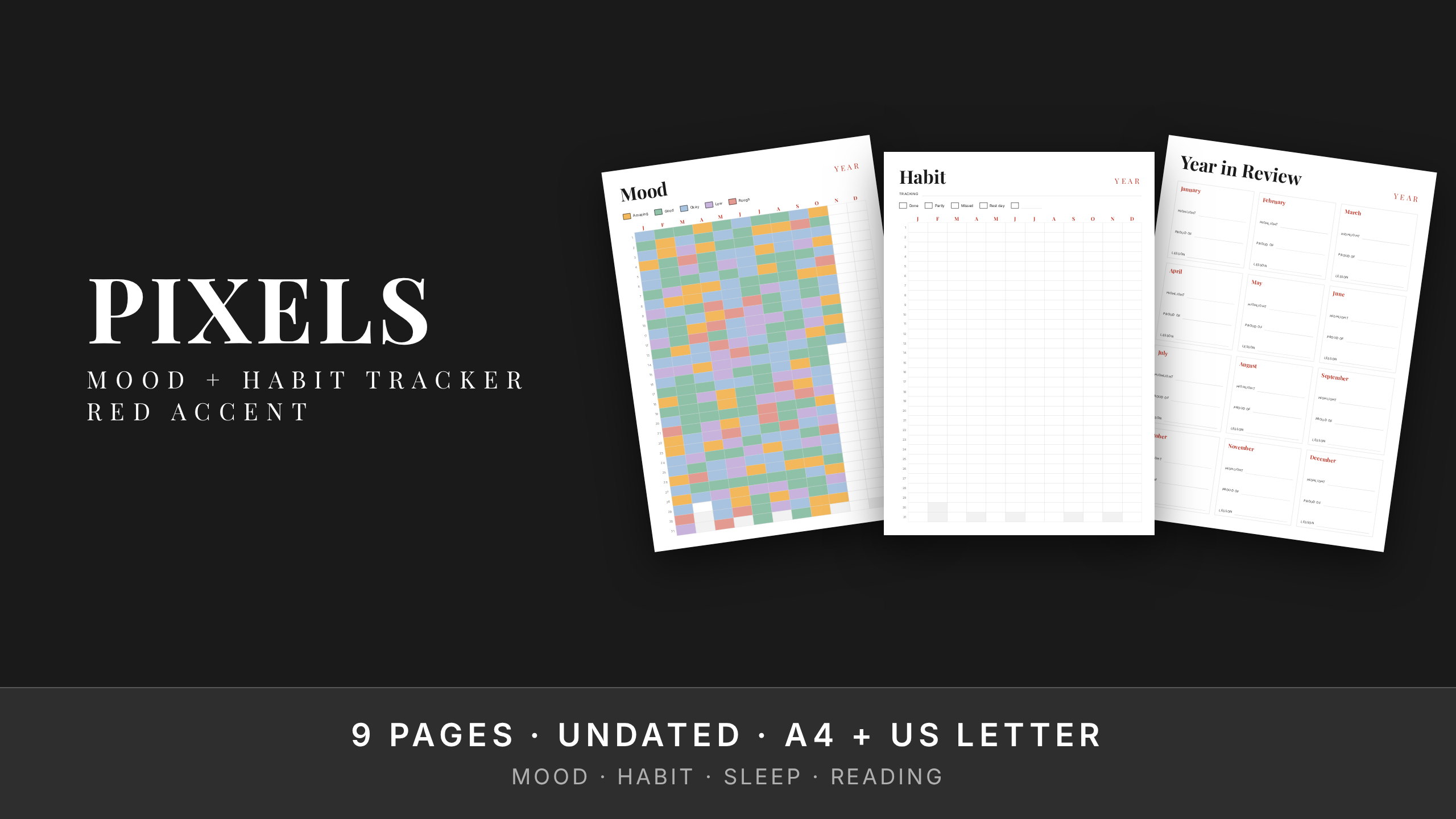 Year in Pixels Set — Red Accent · Yearly Mood + Habit Tracker