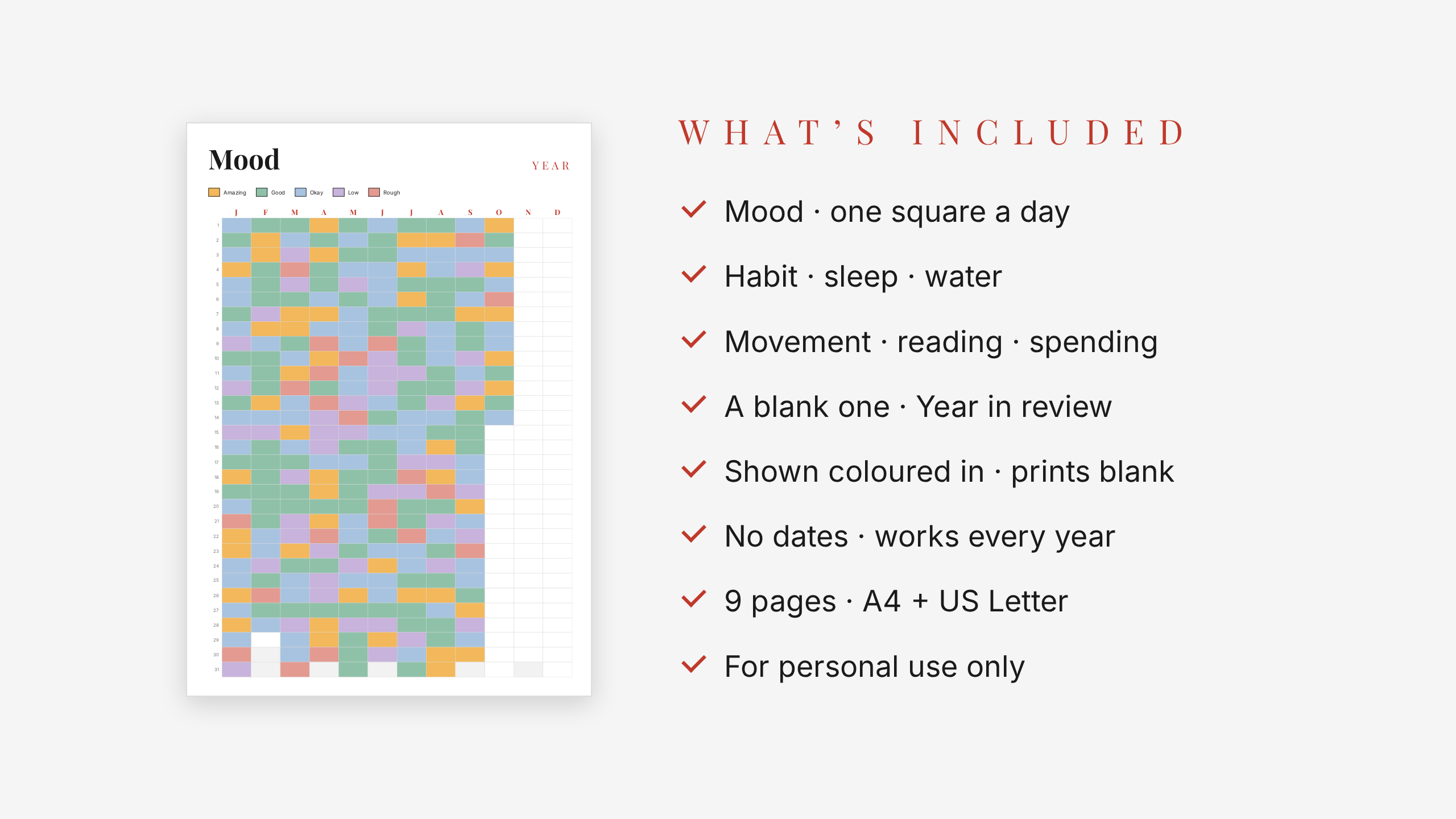 Year in Pixels Set — Red Accent · Yearly Mood + Habit Tracker
