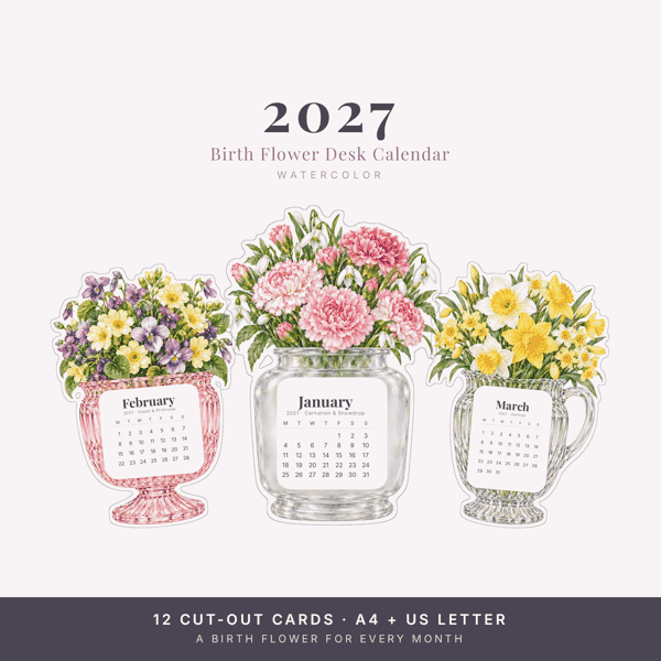 2027 Birth Flower Desk Calendar — Watercolor | Printable Cut-Out Cards