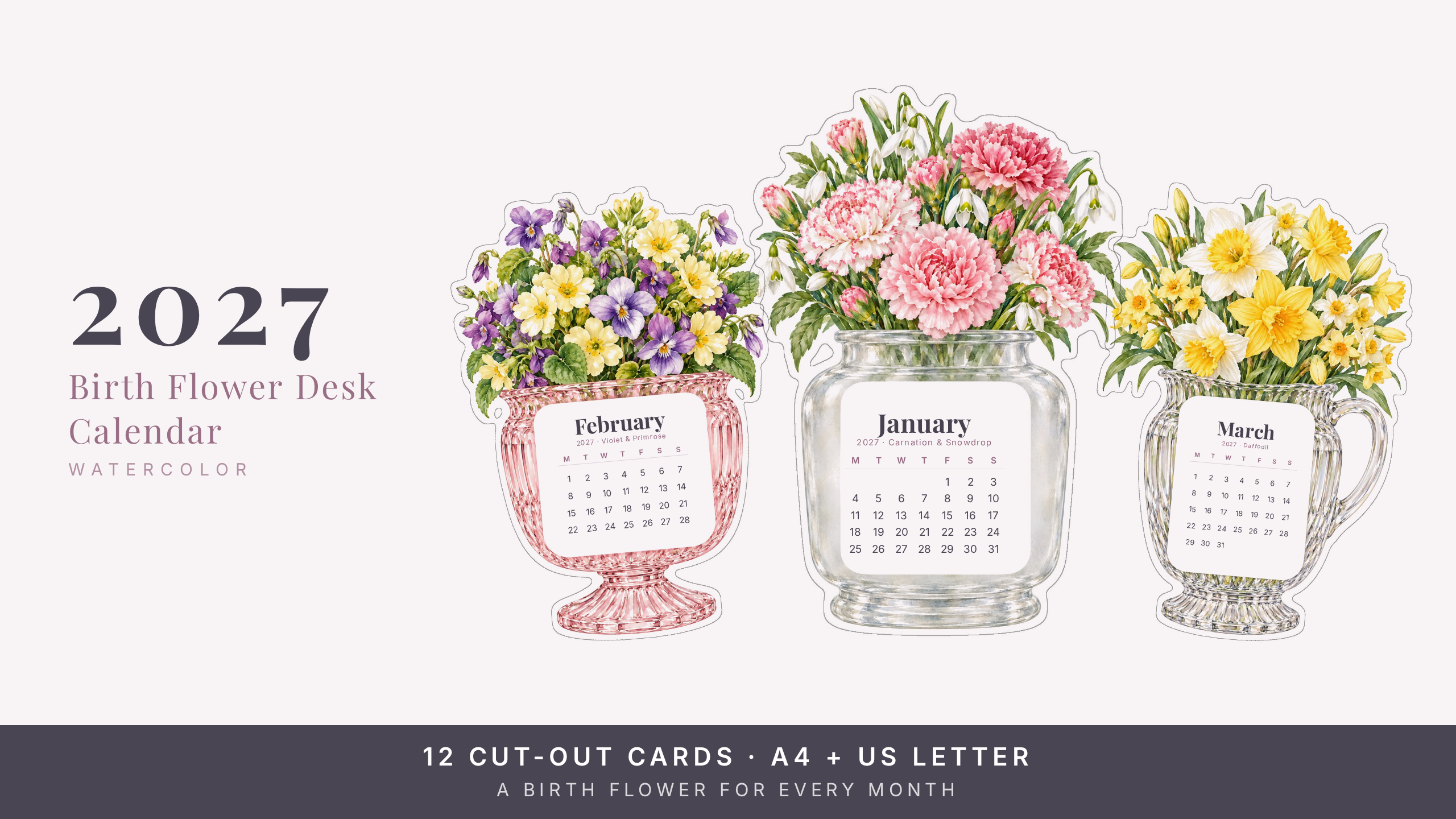 2027 Birth Flower Desk Calendar — Watercolor | Printable Cut-Out Cards