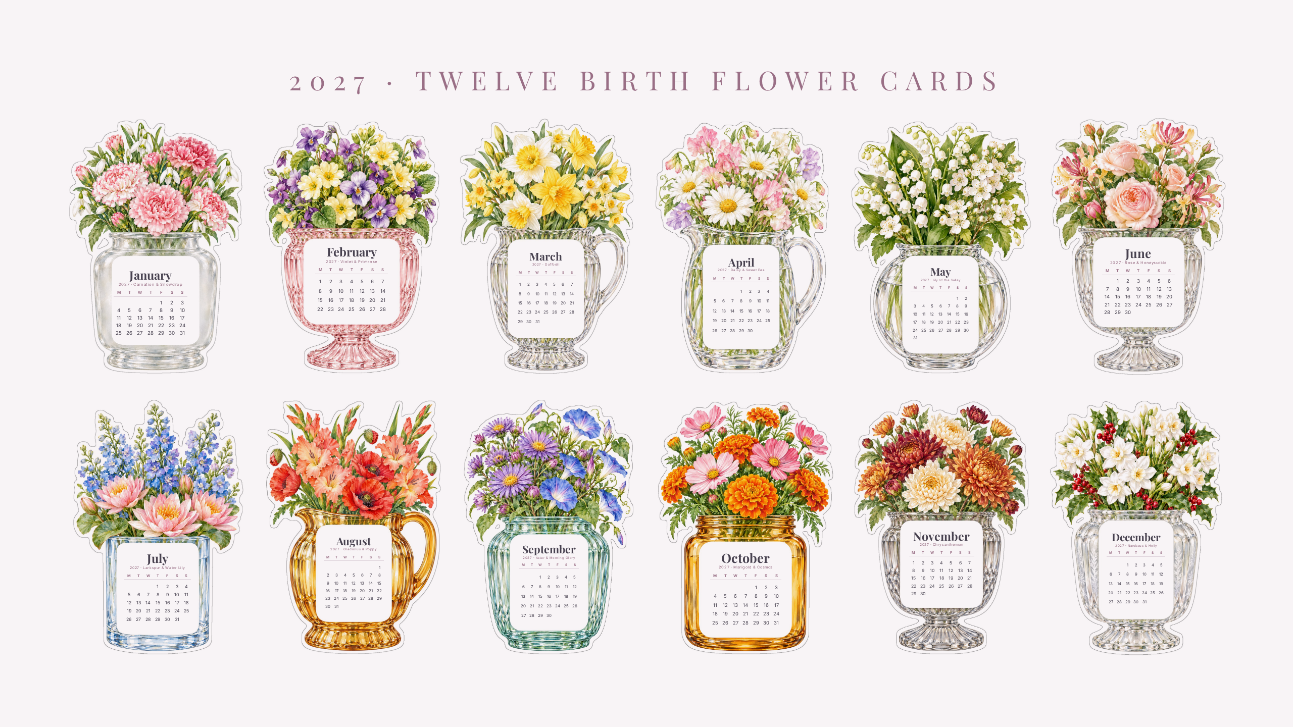 2027 Birth Flower Desk Calendar — Watercolor | Printable Cut-Out Cards