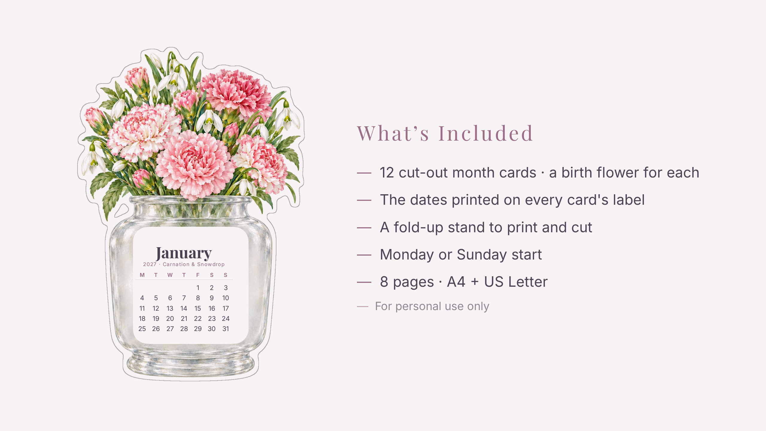 2027 Birth Flower Desk Calendar — Watercolor | Printable Cut-Out Cards