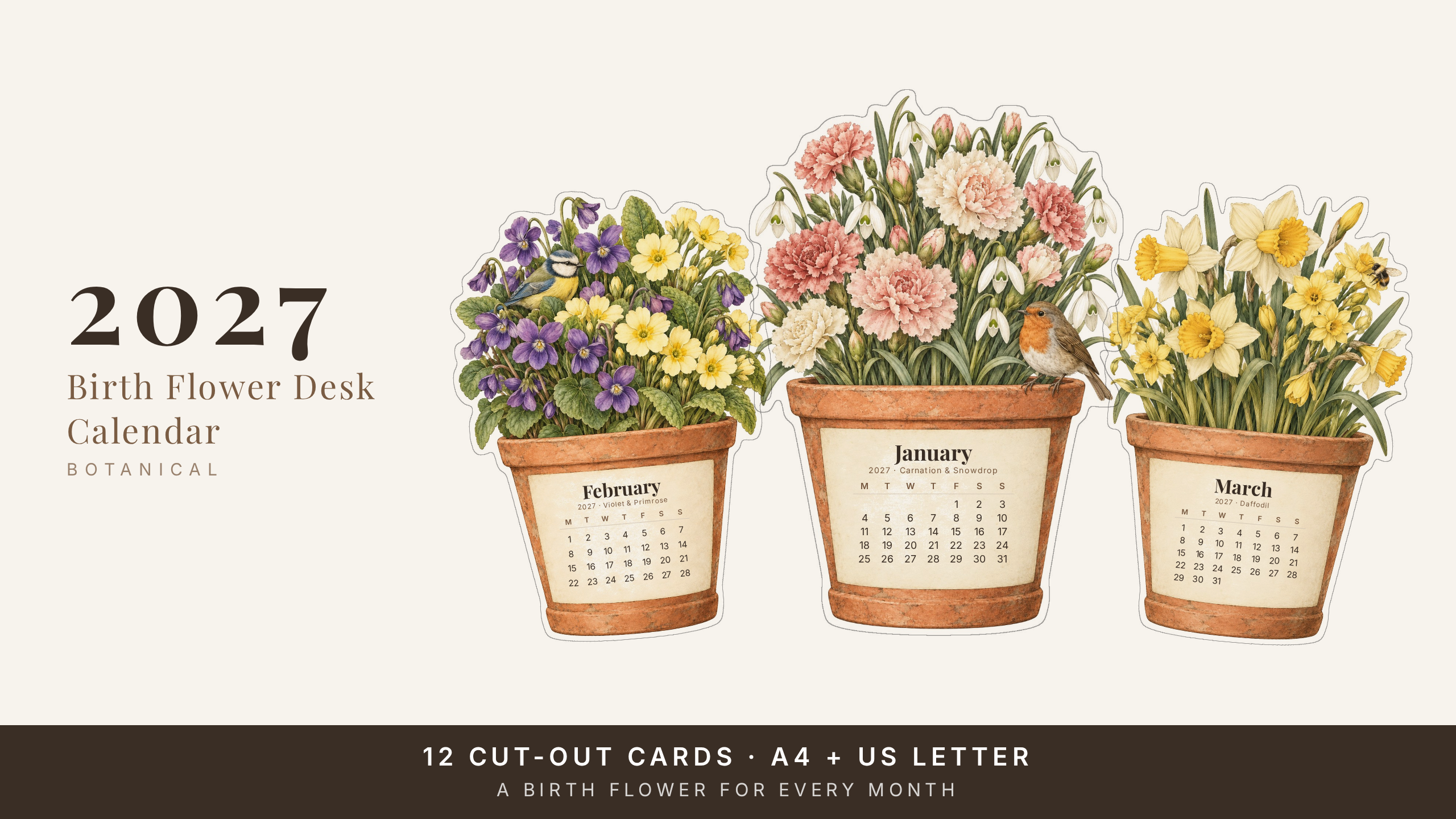 2027 Birth Flower Desk Calendar — Vintage Botanical | Printable Cut-Out Cards