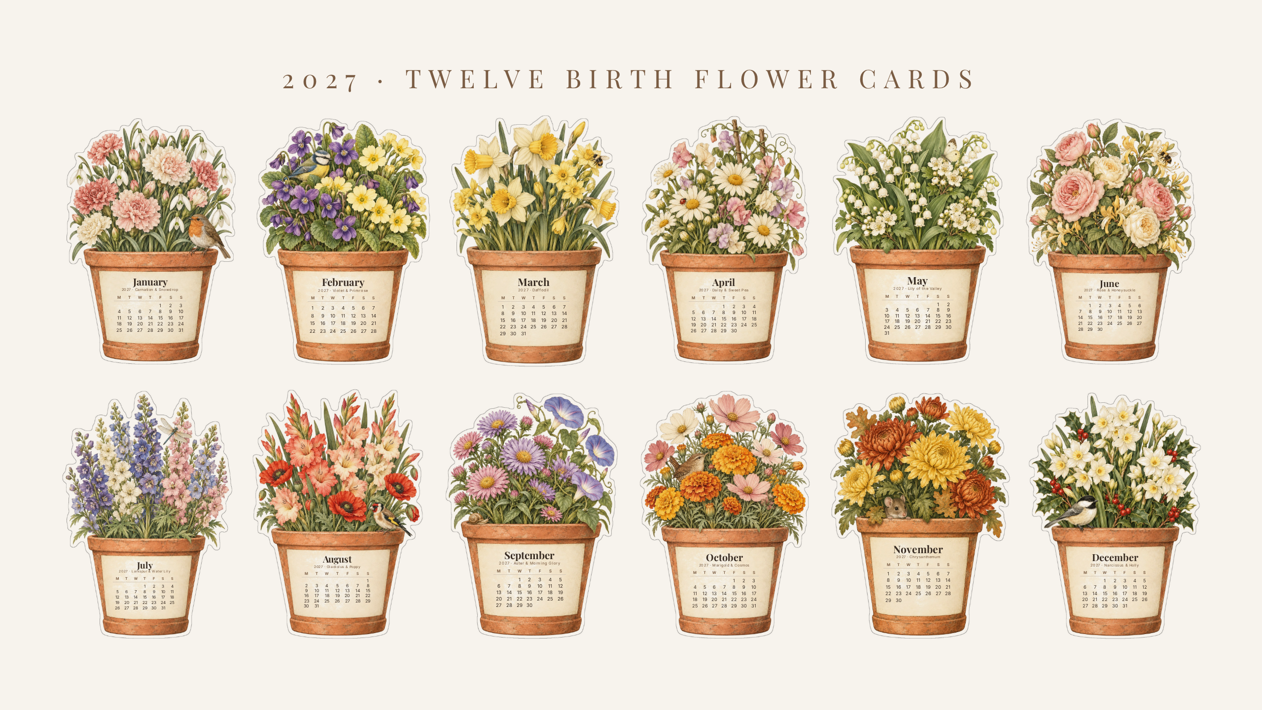 2027 Birth Flower Desk Calendar — Vintage Botanical | Printable Cut-Out Cards