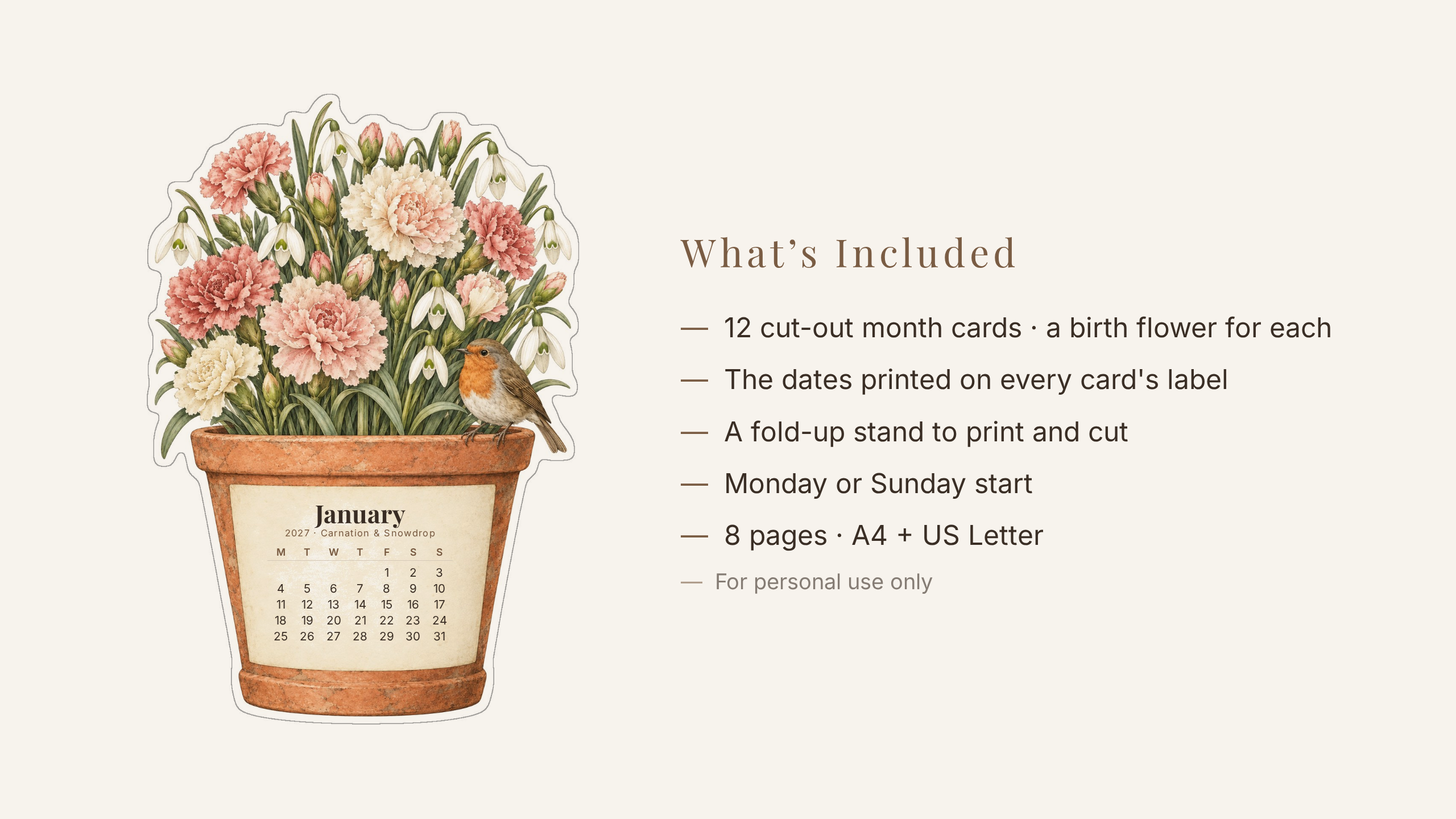 2027 Birth Flower Desk Calendar — Vintage Botanical | Printable Cut-Out Cards