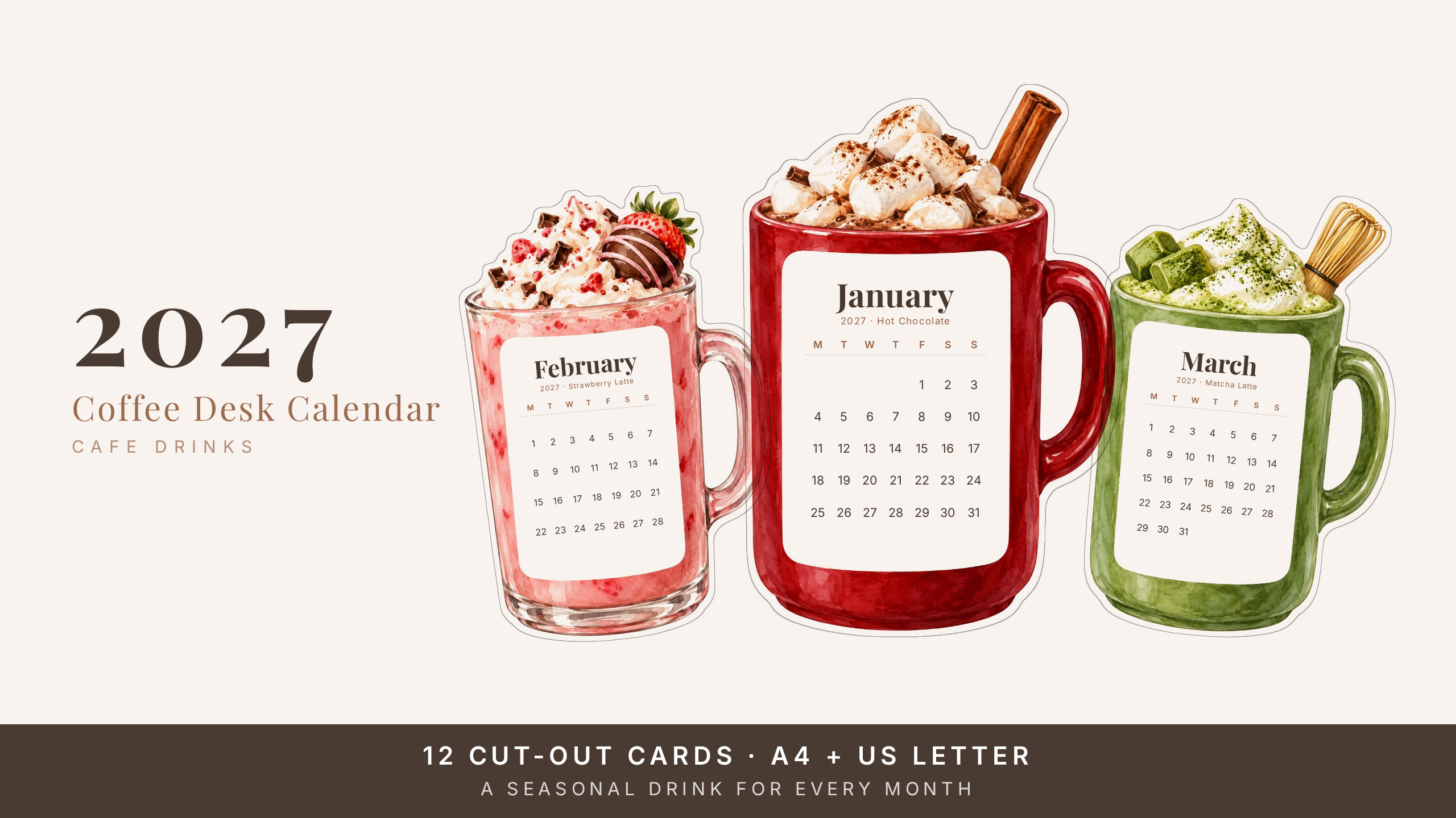 2027 Coffee Desk Calendar — Seasonal Drinks | Printable Cut-Out Cards