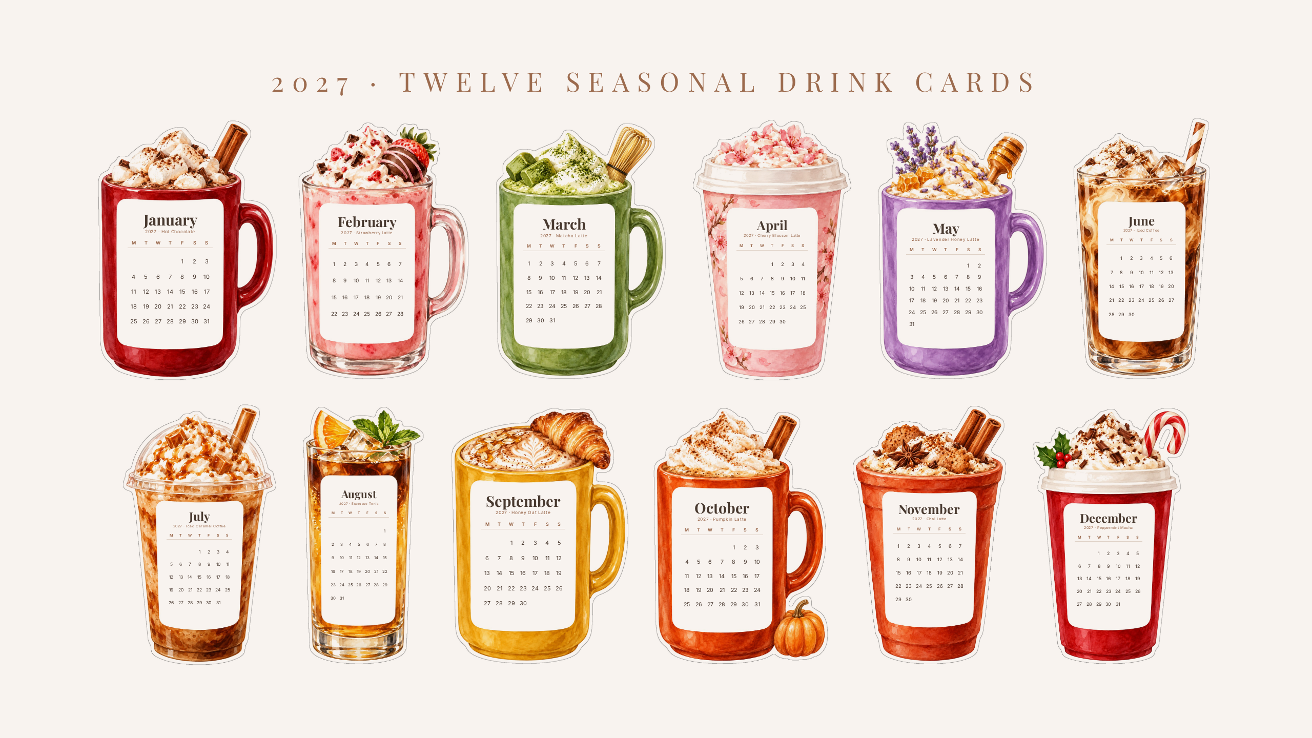 2027 Coffee Desk Calendar — Seasonal Drinks | Printable Cut-Out Cards