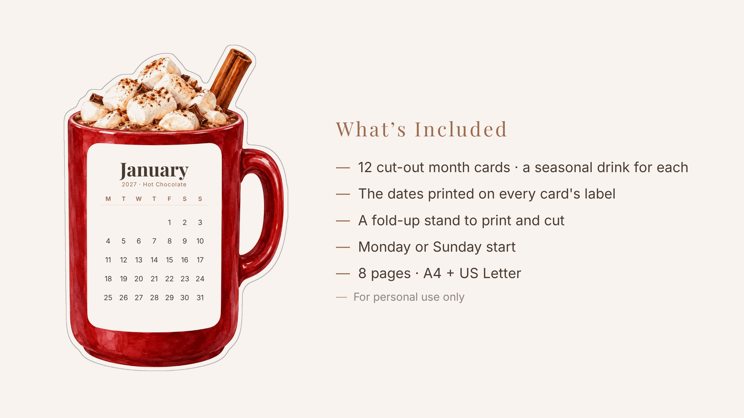 2027 Coffee Desk Calendar — Seasonal Drinks | Printable Cut-Out Cards