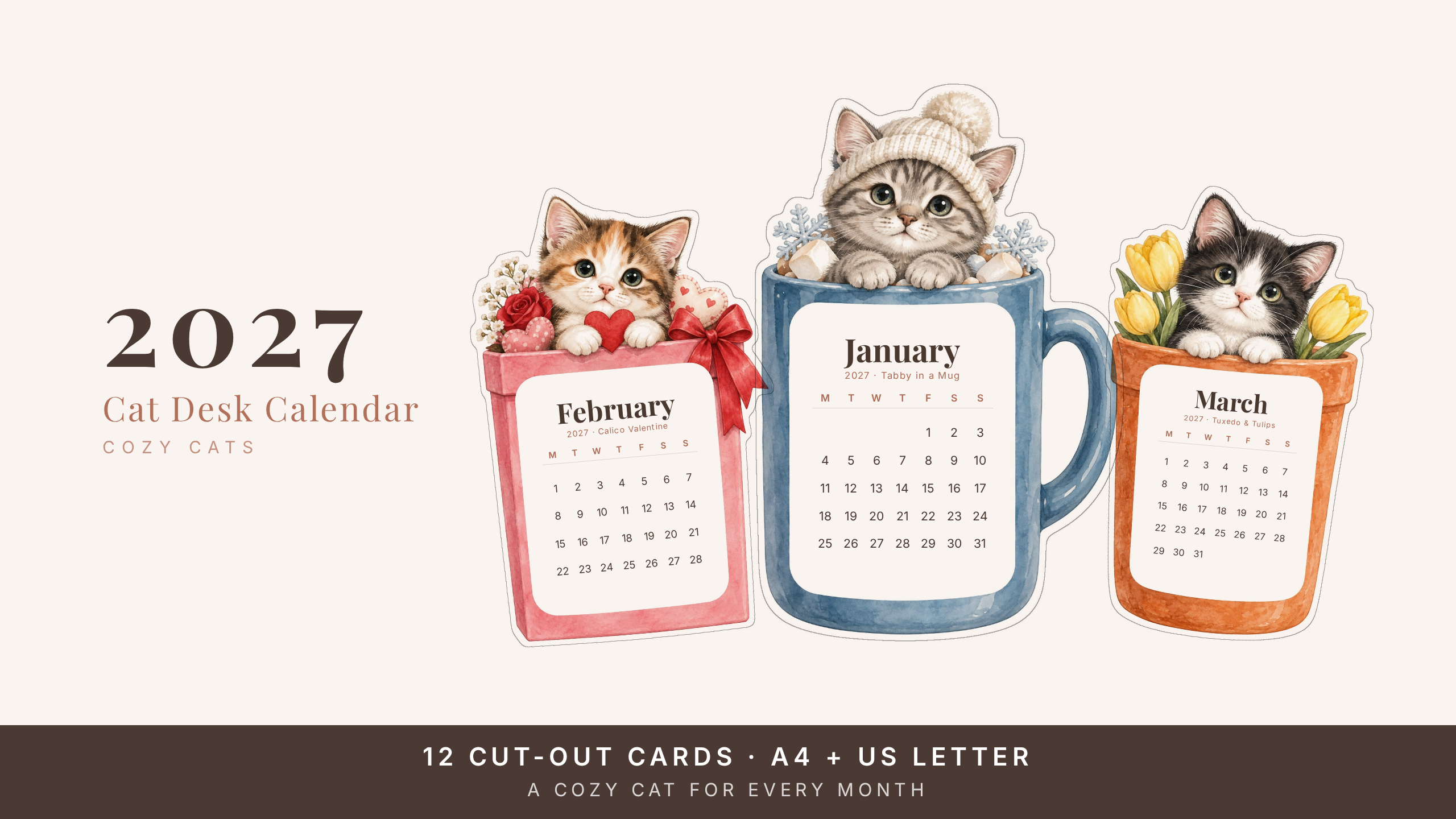 2027 Cat Desk Calendar — Cozy Watercolor Cats | Printable Cut-Out Cards