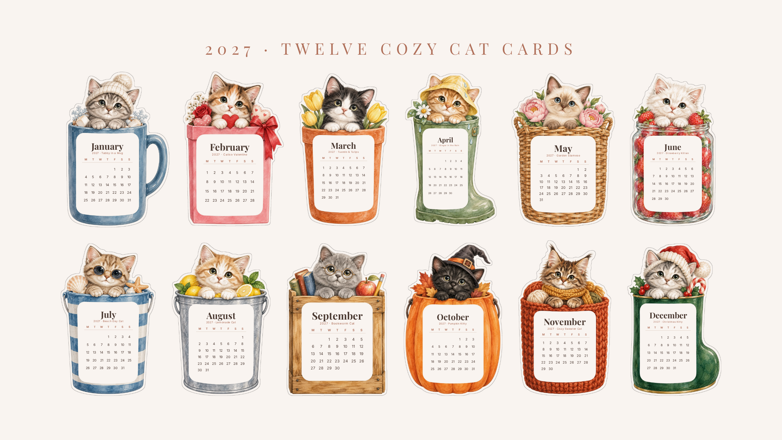 2027 Cat Desk Calendar — Cozy Watercolor Cats | Printable Cut-Out Cards