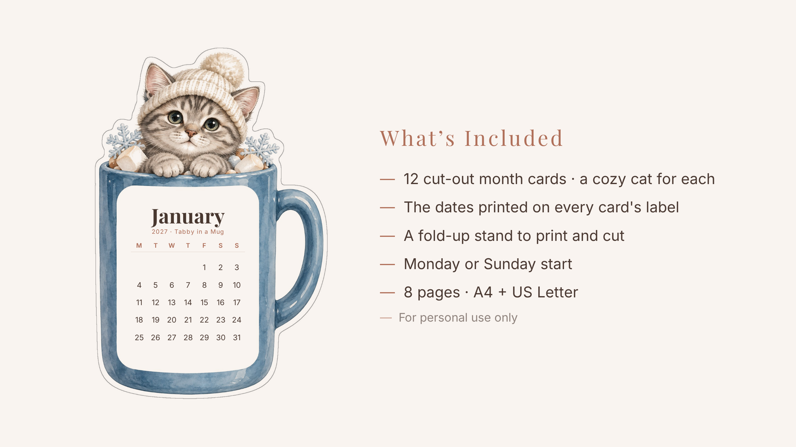 2027 Cat Desk Calendar — Cozy Watercolor Cats | Printable Cut-Out Cards